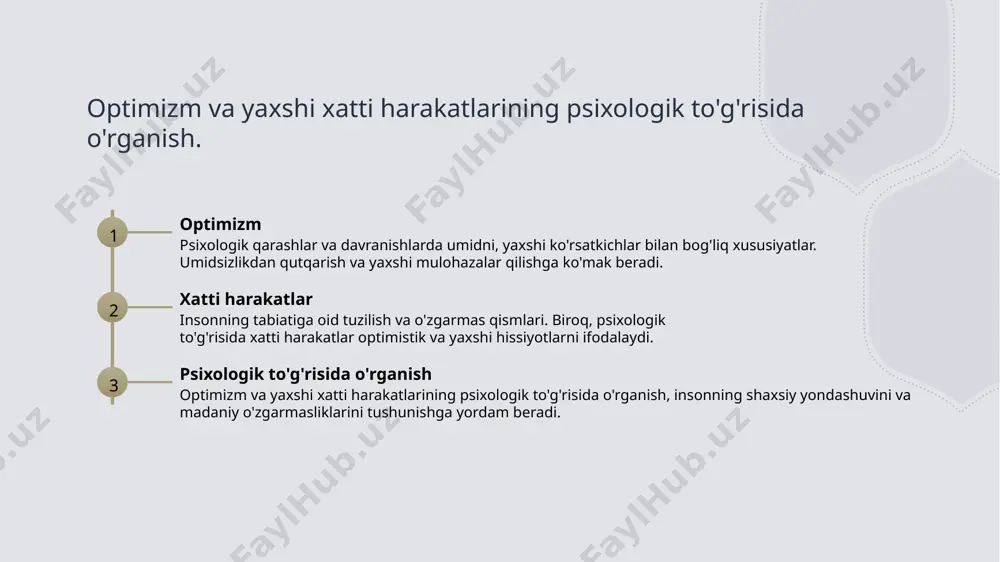 sh shaxslik nazariyasi va madaniy ta'sirning sanguine aspektini o'rganish. 1 shaxslik nazariyasi shaxslik nazariyasi, shaxsning o'zining xususiyatlari va xatti-harakatlarini tushunishga oid nazariyadir. 2 madaniy ta'sir madaniy ta'sir, insonning o'ziga xos madaniy muhitda yashashining shaxsning xatti-harakatlariga o'z ta'sirini anglatadi. 3 sanguine aspekti sanguine aspekti, shaxsning optimistik, umidli va aktiv xatti-harakatlarini belgilovchi va tushunarli to'g'risidir. sanguine shaxsning madaniy va tamoyillarini tahlil qilish. madaniy tushunchalar sanguine shaxsning madaniy sozlamalari va umumiy qarashlari, ijtimoiy tarzda o'zini ifodalash usullari va madaniy aloqalari. umumiy tamoyillar sanguine shaxsning umumiy qarashlari, o'zini ifodalash usullari va o'ziga xos xatti harakatlarining asosiy xususiyatlari. madaniy ta'sir sanguine shaxsning madaniy tarzda qanday o'zini ifodalash usullari va madaniy muhitda o'zining roli va ta'siri. xulosa asosiy ko'rgazmalar shaxslik va madaniy ta'sirning sanguine aspektini tushuntirish, insoniy xususiyatlarning optimistik va musbat tomonlarini o'rganish. tabiiy optimism temperament va optimizmning psixologik tushunchalari, insonning umidga bo'lgan aminlik va qarorini oshirishdagi ahamiyati haqida tushuncha berish. jamiyatda optimizm optimizmning jamiyati va …