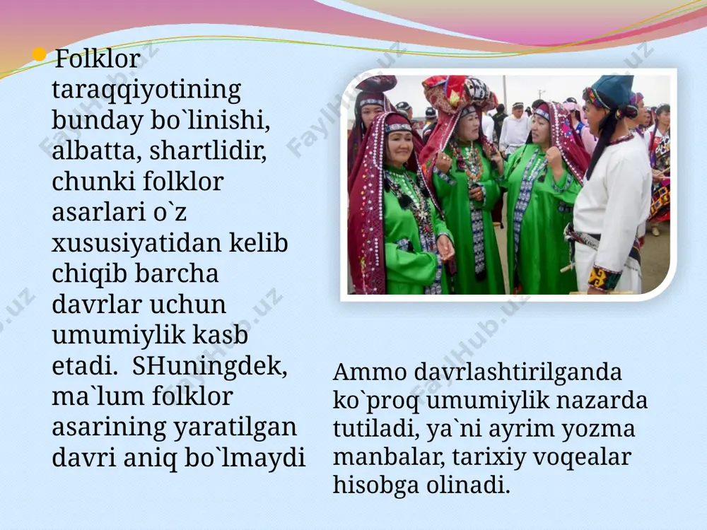 idagi janrlar mavjudligi aniqlanadi: mif, afsona, rivoyat, qo`shiq, maqol va marosim qo`shiqlari. mif - ibtidoiy jamoa a`zolari tomonidan olam va odamning paydo bo`lishi haqida to`qilgan eng qadimgi hikoyalar hisoblanadi. islom dinidan avval ajdodlarimiz tasavvurida ezgulik va yovuzlik ruhlari, shuningdek, quyosh, hosil, urush va boshqa narsalarning ma`bud hamda ma`budalari bo`lgan. natijada miflarda insonning inson sifatida shakllanish jarayoni o`z ifodasini topadi. sharq ilmiy adabiyotlarida miflar arabcha asotir, forscha afsona, turkiy tilda sav atamalari bilan ham yuritiladi. ammo jahon folklorshunosligida «mif» atamasini qo`llash an`ana bo`lganligi uchun ham biz qadimgi hikoyalarni ana shu nom bilan ataymiz. xalqimiz qadimdan o`t, suv, tuproqni muqaddas deb bilgan: o`t va suvga axlat, umuman, iflos narsalarni tashlamaslik, erni urmaslik, tepmaslik, maboda bu narsalarni qilsa yomon bo`lishi haqidagi o`gitlar fikrimizning dalilidir. insonning tabiatdagi g`ayri tabiiy voqea-hodisalarga ishonch bildirish xususiyati bilan bog`liq e`tiqoddir. masalan, qadimgi paytlarda safarga chiqqan yo`lovchi oq tuyali karvonga duch kelsa, o`z safarining muvaffaqiyatli tugashiga ishongan bo`lsa, tushida …