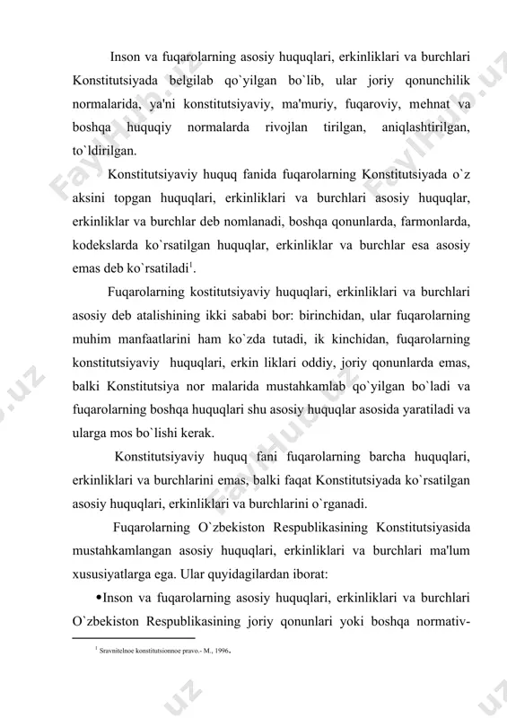 ildiradiki, jamiyat va davlat oldida hеch qanday burchlarni ado etmasdan, faqat huquq va erkinliklardan foydalanib, qayot kеchirishi mumkin emas. fuqarolik huquq va erkinliklarning yo`nalishlari. fuqarolarning huquqlari, erkinliklari va burchlari tizimi tarkibiy qismlarining alohalari ma'lum yo`nalishlarda bo`ladi. ulardan asosiylari quyidagilar: 1. ba'zi bir huquqdan to`g`ri foydalanmasligi yoki konstitutsiyaviy burchini bajarmasligi ularning boshqa konstitutsiyaviy ba'zi bir konstitutsiyaviy huquq va erkinliklari, burchlari amalga oshirilishi boshqa huquqlar va erkinliklarning amal qilinishi uchun asos bo`ladi. 2. ba'zi huquq va burchlarning amalga oshishi, boshqa bir burchlar va huquqlarning to`xtatilishiga olib kеladi. 3. fuqarolarning huquqlaridan foydalanishiga ta'sir qilishi mumkin. fuqarolarning asosiy huquqlari, erkinliklari va burchlarini guruhlarga ajratishda asosan, ikki talab hisobga olinishi kеrak. birinchidan, unda insonning qayoti va faoliyati sohasidagi muhim tomonlari, ikkinchidan, guruhlarga bo`lishda faqat hu-quq va erkinliklarni hisobga olish bilan chеklanmasdan albatta konstitutsiyaviy burchlarni ham qo`shish kеrak. o`zbekistonda inson va fuqarolarning konstitutsiyaviy huquqlari, erkinliklari va burchlarini quyidagicha tasniflash mumkin: · shaxsiy huquq va erkinliklar (vii); …