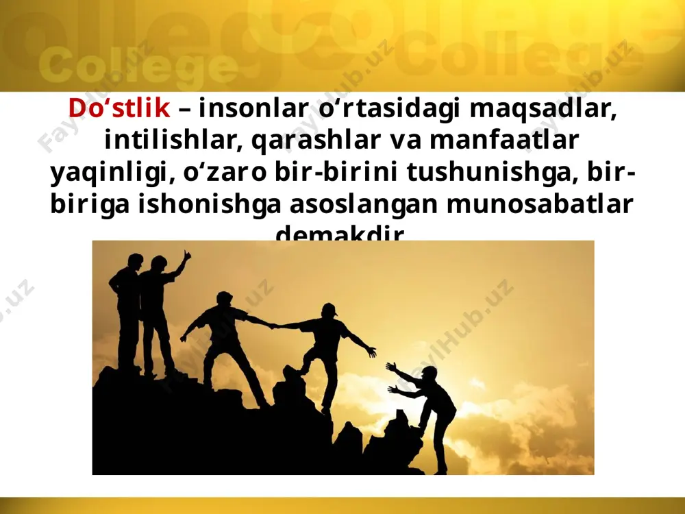 usidir. yaxshi kishi ko‘rmagay yomonlik hargiz, har kimki yomon bo‘lsa, jazo topqusidir, «do‘stlik» tushunchasi keng qamrovlidir, ya’ni u faqat ikki inson o‘rtasidagi munosabatlarnigina emas, millatlar, xalqlar, mamlakatlararo aloqalardagi iliqlikni, o‘zaro ishonchlilikni ifoda etishda ham qo‘llanadi. yuqorida zikr etilganidek, birbiriga zid dunyoqarashga, intilishlarga, o‘y-fikrga ega bo‘lgan kishilar do‘st tutinishmaydi. savol va topshiriqlar: 1. inson nima uchun do‘stga ehtiyoj sezadi, do‘stlari ko‘proq bo‘lishini xohlaydi? 2. «do‘stlik ipini uzma, ulasang tugun qolar» degan maqolda qanday mazmun mujassamlashgan? 3. tarix va adabiyotdan chinakam do‘stlik namunalariga misollar keltira olasizmi? 4. «non do‘stlari» kim-u «or va nomus do‘stlari» kim? 5. do‘stning dushmanga yoki dushmanning do‘stga aylanishiga nimalar sababchi bo‘ladi, deb o‘ylaysiz? 6. xalqlar, mamlakatlar o‘rtasidagi do‘stlik nimalar hisobidan mustahkamlanishi va aksincha, bu do‘stlikka qanday harakatlar raxna solishi to‘g‘risida quyidagi rasmlar asosida mulohaza yuriting. image2.jpeg image3.jpeg image4.jpg image5.png image6.jpeg image7.jpeg image8.jpeg image9.jpeg image10.jpeg image11.emf image12.jpeg image13.jpeg image14.emf image1.jpeg