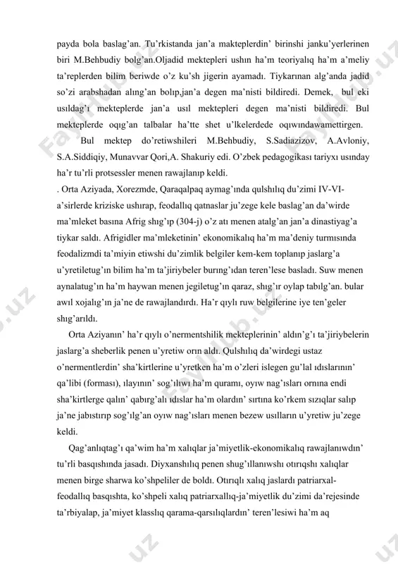 sı bolg’an. ol ma’deniyat ha’m rawajlanıwdın’ birden-bir jolı ilim alıwda dep ko’rsetedi. furqat marifatpa’rwar shayır sıpatında ko’plegen shıg’armalar do’retken. onın’ «gimnaziya», «i̇lim xosiyati» sıyaqlı bir qansha shıg’armaları bar. bul da’wirde awez otar do’retiwshiliginde de marifatpa’rwarlıq ideyaların sa’wlelendiriwshi shıg’armaları bar. onın’ en’ a’himiyetlisi «til» shıg’arması, bunda jaslarg’a ha’r tildi u’yreniwde onı o’z ana tilindey biliwge shaqıradı.u’lkede ashılg’an rus-tuzem mektepleri, gimnaziyaları ta’sirinde ta’lim ta’rbiya isleri ha’m ta’lim metodların qayta islew isleri rawajlandı. na’tiyjede usı jerde jasawshı xalıq wa’killerinin’ jan’a metodlarg’a su’yengen usılları «jadid», «usuli savtiya» sıyaqlı mektepler payda bola basladı. da’slepki mag’lıwmatlarg’a qarag’anda jadid usılı mektepleri 1890-jıllarda payda bola baslag’an. tu’rkistanda jan’a makteplerdin’ birinshi janku’yerlerinen biri m.behbudiy bolg’an.oljadid mektepleri ushın ha’m teoriyalıq ha’m a’meliy ta’replerden bilim beriwde o’z ku’sh jigerin ayamadı. tiykarınan alg’anda jadid so’zi arabshadan alıng’an bolıp,jan’a degen ma’nisti bildiredi. demek, bul eki usıldag’ı mekteplerde jan’a usıl mektepleri degen ma’nisti bildiredi. bul mekteplerde oqıg’an talbalar ha’tte shet u’lkelerdede oqıwındawamettirgen. bul mektep …