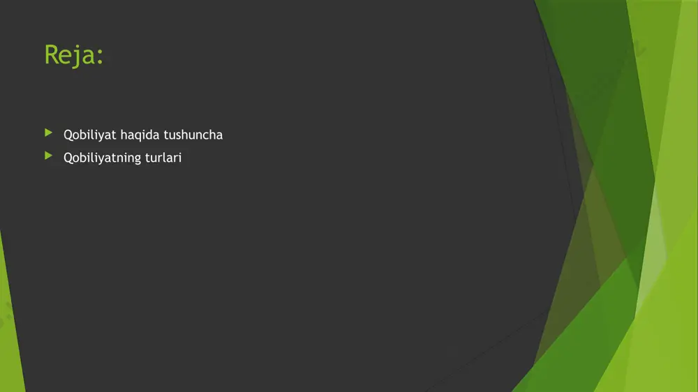 ha zehn tushunchasi bilan yuritiladi. zehn muayyan bir faoliyatga yoki koʻpgina narsalarga nisbatan ortiqcha qiziquvchanlikda, moyillikda, intilishda namoyon boʻladi. zehn nishonalari deganda qobiliyat ichki imkoniyatlarining tabiiy asosini tushunish lozim. u ishtiyoq, moyillik, mehnatsevarlik, ishchanlik, talabchanlik kabilarning mahsulidir. qobiliyat umumiy va maxsus turkumlarga ajratiladi. umumiy qobiliyat deganda yuksak aqliy imkoniyat va taraqqiyot tushuniladi. qobiliyat tabiiy ravishda shakllanishi va muayyan reja asosida rivojlantirilishi mumkin. qobiliyatni maʼlum faoliyatga moyillik yoki intilish orqali, tabiiy zehn nishonalarini aniklash, mutaxassis rahbarligida uzluksiz faoliyatga jalb etish, qobiliyatni takomillashtirishning maxsus vositalarini qoʻllash, shaxsning faollik alomatlarini maksimal darajada rivojlantirish, inson shaxsiga alohida yondashuvni umumiy talablar bilan uygʻunlikda olib borish va boshqa orqali rivojlantirish yoʻllari mavjud. qobiliyatning yuqori darajasi isteʼdod va daholik (qarang daho) namoyon boʻladi. qobiliyatlarning sifat va miqdor xarakteristikasi. qobiliyatlar individual-psixologik xususiyatlar sifatida xarakterlanadi, yani bir odamning boshqa odamdan farq qiladigan sifatlarini ochib beradi. oz-ozida malumki kishilar teng emas. mana shuning uchun qobiliyatlar haqida gapirganda, bu farqlarni xarakterlab …
