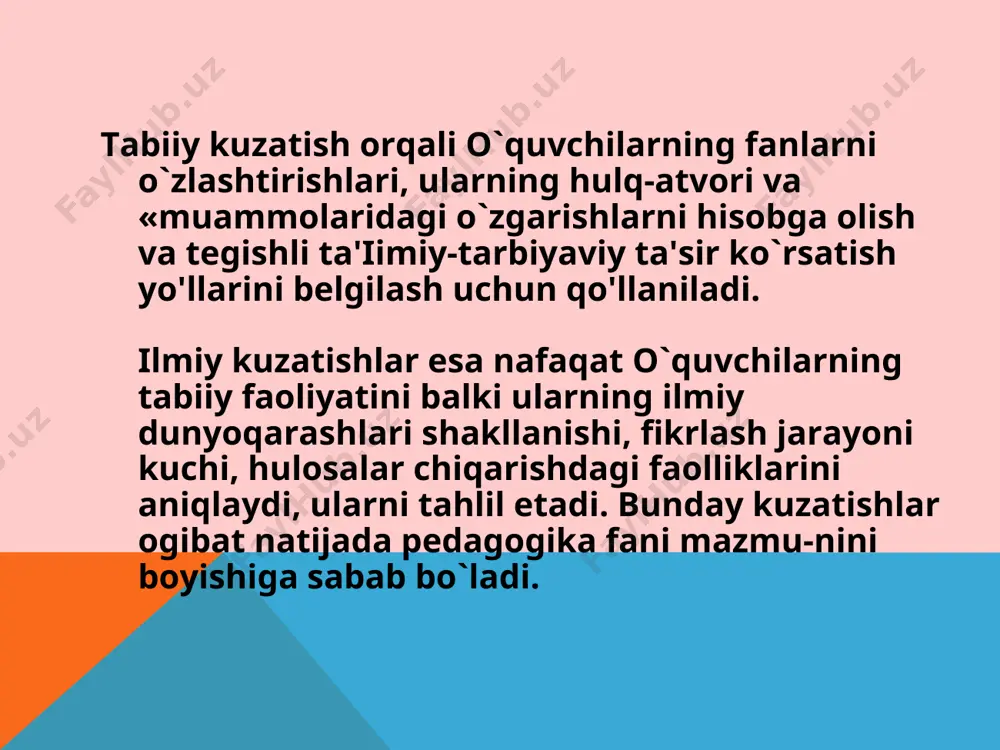 quvchilarning yakka yoki guruhli fikrlarini, qarashlarini, qanday kasblarga qiziqishlarini, ke-lajak orzu-itsaklarini bilish va tegishli hulosalar chiqarish, tavsiyalar berish maqsadida o`tkaziladi. tets sinovlarini o`tkazishdan maqsad kam vaqt orasida o`quvchilarning bilimlarini yoppasiga aniqlash va baholashdir. tets sa-vollarining o'rni va ularning mazmunan rang-barang qilib tuzilishi, o`quvchilarning mustaqil fikrlarini o'tsiradi, kelajakni real ba-holash qobiliyatini taraqqiy ettiradi. ^ maktab hujjatlarini tahlil qilish. bu uslub orqali o`qituvchilar va o`quvchilar jamoasi ularning pedagogik faoliyati haqida aniq ma'lumotlar olinadi. maktab hujjatlari deyilganda, o`qituvchi va o`quvchilarning soni, o`quvchilarning shahsiy hujjatlari, sinf jurnal-lari, kundalik daftarlari, buyruq daftarlari, pedagoglar kengashining qarorlari daftari, maktabning rejadagi pul hisobi va uning sarf-lanishiga doir hujjatlar, turli inventarlar daftari va boshqalar tu-shuniladi. ^ eksperiment - tajriba-sinov usiubi «eksperiment» so`zi lotincha «sinab ko`rish», «tajriba qilib ko`rish» ma'nosini anglatadi. ekspe-rimental tajriba ishlari, asosan ta'lim-tarbiya jarayoniga aloqador ilmiy faraz yoki amaliy ishlarning tatbig'i jarayonlarini tekshirish, aniqlash maqsadida o`tkaziladi. eksperiment usiubi sharoitga qarab 3 hilda o`tkaziladi: tabiiy eksperiment. laboratoriya eksperimenti. …