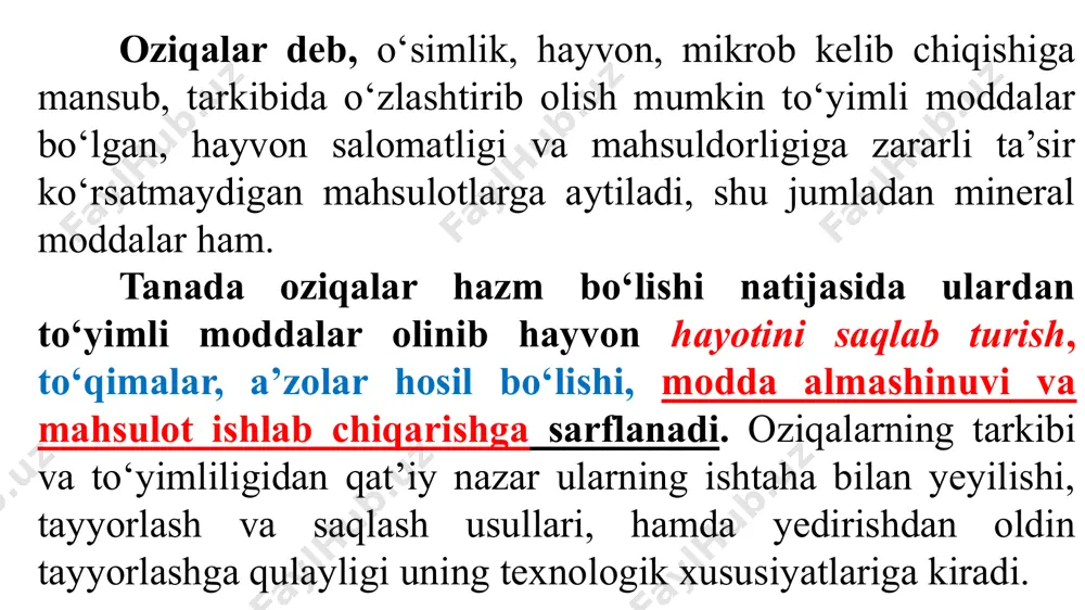 dalanish mumkin. ko‘k oziqalar ayniqsa, protein, minerallar va vitaminlarga boy bo‘ladi. silos makkajo‘xori, kunboqar va jo‘xorilardan konservatsiyalash natijasida olingan oziqa bo‘lib, kavshovchilar va boshqa hayvonlar tomonidan suyib iste’mol qilinadi. bostirishda massa namligi 65-70% tashkil qiladi. ildiz mevalarga sabzi, lavlagi kirib ular tarkibida suv va uglevodlar ko‘pligi bilan ajralib turadi. qizil sabzida esa karotin ko‘p. tuganak mevalarga kartoshka va yer noki (topinambur) kirib ular kraxmalga boy. xashaki polizga tarvuz va qovoq kiradi, ular tarkibida 90-95 % suv bo‘lib, yengil hazm bo‘luvchi uglevodlar mavjud. sigirlarning sut mahsuldorligiga ijobiy ta’sir etadi. dag‘al oziqalarga pichan, somon, poxol, qurigan poya kiradi. pichan o‘z tarkibida faqat 15 % namlik saqlab ancha to‘yimli hisoblanadi. pichanlar boshoqli va dukkakli o‘simliklardan tayyorlanadi. olinishiga qarab tabiiy va ekilgan o‘tlardan olinganlariga bo‘linadi. somon boshoqli o‘simliklar doni yanchib olinganidan keyingi chiqindi hisoblanadi. uning to‘yimlilik darajasi past, asosan kavshovchilar va otlar iste’mol qiladi. poxol sholi yanchib olingandan keyin olingan chiqindi bo‘lib oziqa qiymati …