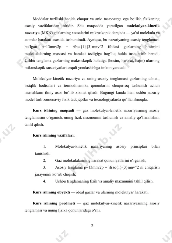 . ushbu kurs ishi loyihasi, kirish qism, asosiy qism, xulosa foydalanilgan adabiyotlar, ikki bob, to’rt bo’limdan iborat bo’lib umumiy hajmi 29 saxifani tashkil etadi. i.bob. gazlarning molekulyar-kinetik modeli. 1.1. gaz molekulalarining harakati. molekulyar-kinetik va termodinamik usul. molekulyar fizika va termodinamika jismlardagi mikroskopik jarayonlarni ya’ni jismlar tarkibidagi ko`p miqdordagi atomlar va molekulalar bilan bog`liq bo`lgan hodisalarni o`rganadi. bu jarayonlarni o`rganishda turli sifatli, lekin bir-birini o`zaro to`ldiradigan ikki usul qo`llaniladi. 1.statistik (molekulyar-kinetik) usul. 2.termodinamik usul. modda tuzilishini va uni xossalarini molekulyar-kinetik tasavvurlar asosida, ya’ni molekulalar hamma vaqt betartib harakat holatida bo`lishlari va molekulalar orasida o`zaro ta’sir kuchlari mavjudligi asosida tushuntiruvchi fizikaning bo`limiga molekulyar fizika deyiladi. tizimni tashkil etuvchi juda ko`p sonli zarralarning ularning dinamik nuqtai nazardan xarakterlovchi fizik kattaliklar yordamida tizim hususiyatlarini o`rganish usuli statistik yoki molekulyar kinetik usul deyiladi. tizimning fizik hususiyatlarini termodinamik usul bilan o`rganadigan fizikaning bo`limi termodinamika deb ataladi. energiyani bir- turdan boshqa turga o`tishi va energiya hisobiga ish …
