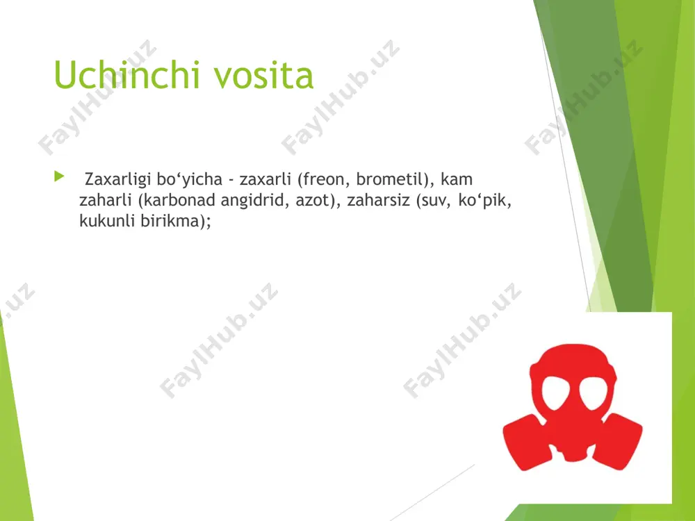 dir. takrorlash uchun savollar: 1. o‘t o‘chirish qurilmalari nima maqsadda qo‘llaniladiq 2. o‘t o‘chirish moslamalari necha turga bo‘linadiq 3. oub-3 o‘t o‘chirish qurilmasining ishlash prinsipi nimaga asoslanganq adabiyotlar: 1.g’.yo.yormatov. hayotiy faoliyat xavfsizligi. toshkent, “mehnat” 2009. 2. o. qudratov, t. g’aniyev. hayotiy faoliyat xavfsizligi. toshkent, “mehnat” 2004. 3. o. qudratov, t. g’aniyev. mehnat muhofazasi. toshkent “o’zinkomtsentr” 2002. 4. x.rahimova, a.a‘zamov, t.tursunov. mehnatni muhofaza qilish. toshkent, “o’zbekiston” 2003. 5. jamilov m, parmonov a. “inson faoliyati xavfsizligi”. toshkent. tpdu. 2000.