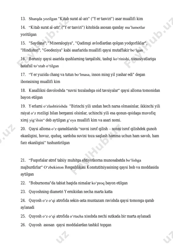 oshda “suvni tozalashga oid tavsiyalar” qaysi alloma tomonidan bayon etilgan 19. yerlarni o‘zlashtirishda "birinchi yili undan hech narsa olmasinlar, ikkinchi yili raiyat o‘z roziligi bilan berganni olsinlar, uchinchi yili esa qonun-qoidaga muvofiq xiroj yig‘ilsin“ deb aytilgan g‘oya muallifi kim va asari nomi. 20. qaysi alloma o‘z qarashlarida “suvni isrof qilish – nonni isrof qilishdek gunoh ekanligini, hovuz, quduq, sardoba suvini toza saqlash hamma uchun ham savob, ham farz ekanligini” tushuntirilgan 21. “fuqorlalar atrof tabiiy muhitga ehtiyotkorna munosabatda bo‘lishga majburdirlar” o‘zbekiston respublikasi konstutitsiyasining qaysi bob va moddasida aytilgan 22. "boburnoma"da tabiat haqida nimalar ko‘proq bayon etilgan 23. quyoshning diametri yernikidan necha marta katta 24. quyosh o‘z o‘qi atrofida sekin-asta muntazam ravishda qaysi tomonga qarab aylanadi 25. quyosh o‘z o‘qi atrofida o‘rtacha xisobda nechi sutkada bir marta aylanadi 26. quyosh asosan qaysi moddalardan tashkil topgan https://fayllar.org/1-budda-shakuyamuni-2-buddaviylikning-paydo-bolishi-va-tarqali.html https://fayllar.org/1-dostlikni-saqlash-qiyin.html 27. quyosh - quyosh sistemasining necha % tashkil qiladi 28. quyosh nuri yerga qancha vaqtda …