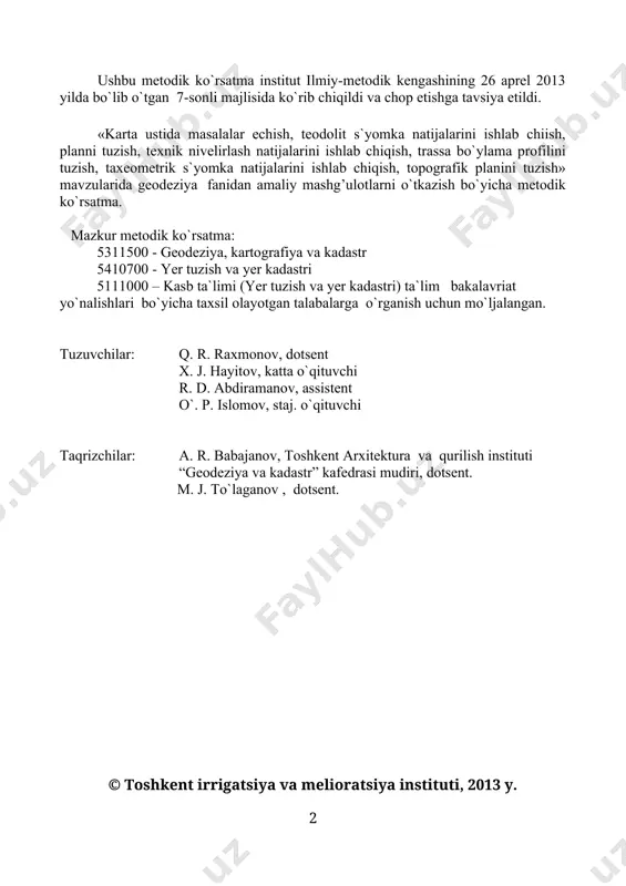 kin. amaliyotga rahbarlik qilib kafedra o`qituvchilari tayinlanadi va o`quv amaliyot rahbari nazoratida olib boriladi. oliy o`quv yurtida olingan nazariy bilim va amaliy ko`nikmalarni mustahkamlash, rivojlantirish va takomillashtirish amaliyotni o`tishning asosiy maqsadidir. amaliyot o`tish vaqtida fan bo`yicha rahbar, amaliyot o`tish bo`yicha kerakli ma`lumotlar bazasini yaratishi katta ahamiyat kasb etadi. buning natijasida talaba nazariy bilimlarini ishlab chiqarish bilan bog’lab, zamonaviy talablar asosida, ma`lum bir ijobiy samara beradigan darajada ishlab chiqishga, hamda tayyorlagan hisobotini muvaffaqiyatli himoya qilishga asos solinadi. amaliyotning asosiy maqsadi geodezik o`lchash asboblarining tuzilishlarini mukammal o`rganish, ulardan foydalangan holda, yer sirtida geodezik o`lchashlarni mustaqil bajarish, joyning plan, karta va profillarini tuzish, hamda xalq xo`jaligining turli soxalarida injenerlik-geodezik masalalarni yechishda, dala o`lchash natijalari asosida ularning hisob-grafik chizmalarini chizishni amalda o`rganishdan iboratdir. o`quv amaliyotini o`tish bo`yicha xujjatlarni rasmiylashtiriladi, o`quv amaliyoti davrida kundalik yuritilib, amaliyot so`ngida bajarilgan geodezik ishlar va hisob-kitoblar asosida hisobot tuziladi. geodeziya fanidan o`quv amaliyotini quyidagi reja asosida olib boriladi t.r. …