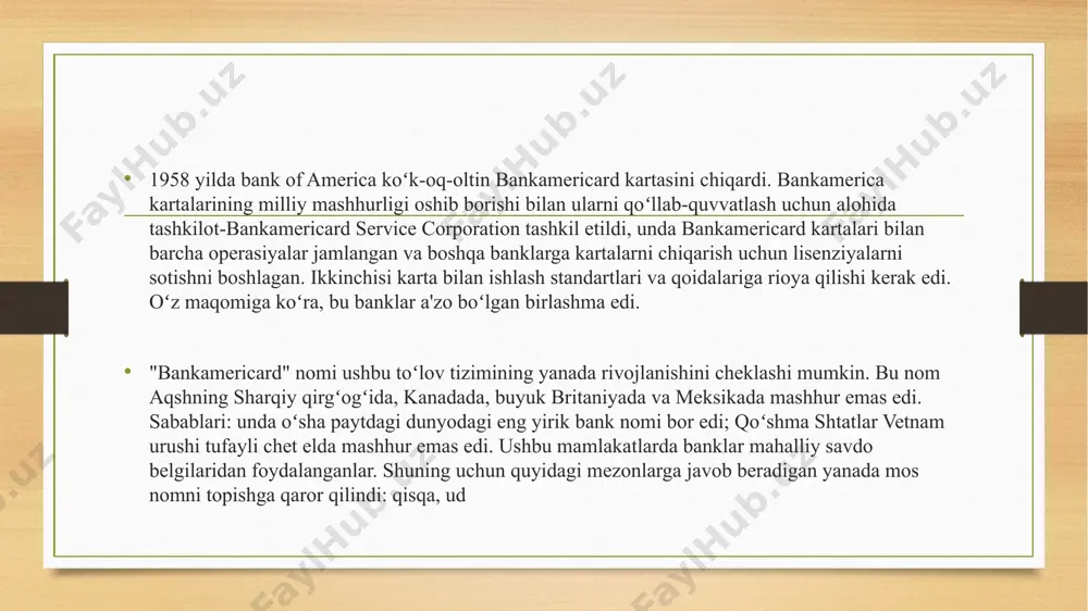 qaratadi. 3. visa kompaniyasining boshqaruv tizimi. visa kompaniyasining boshqaruv tizimi quyidagi asosiy elementlardan iborat: 1. ijrochi rahbariyat: kompaniyaning boshqaruv jamoasi yuqori lavozimli ijrochi direktorlar va menejerlardan iborat bo‘lib, ular kompaniyaning strategik qarorlarini qabul qilishadi va kundalik operatsiyalarni boshqarishadi. - bosh ijrochi direktor (ceo): alfred f. kelly, jr. (ma'lumot berilgan vaqtda) - moliyaviy direktor (cfo): vasant prabhu 2. boshqaruv kengashi: visa kompaniyasining boshqaruv kengashi kompaniyaning umumiy yo‘nalishini belgilaydi, strategik qarorlarni tasdiqlaydi va ijrochi rahbariyatni nazorat qiladi. kengash a'zolari mustaqil direktorlar va kompaniya rahbariyatidan tashkil topgan. 3. korparativ tuzilma: visa kompaniyasi regional va funksional bo‘limlarga bo‘lingan. har bir bo‘lim o‘z hududidagi operatsiyalarni boshqaradi va umumiy strategiyaga muvofiq ishlaydi. bo‘limlar orasida yevropa, osiyo-tinch okeani, shimoliy amerika va boshqalar mavjud. 4. innovatsiyalar va texnologiyalar: visa kompaniyasining boshqaruv tizimi innovatsiyalar va yangi texnologiyalarni joriy qilishga katta e’tibor qaratadi. bu orqali kompaniya global to‘lov bozorida yetakchilikni saqlab qoladi va yangi raqamli to‘lov yechimlarini taklif qiladi. 5. …