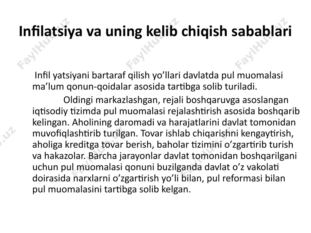 i va korxonalarning banklardagi jamg`armalarini vaqtincha (to`liq i qisman ) harakatini ushlab turish ( qotirib qo`yish): ikkala usulni birgalikda qo`llash yuli orqali pul islohotini o`tkazish: pul xalqaro amaliyotda “shok yo`li” bilan davolash nomi bilan mashxurdir. bu usul 1948 yilda g`arbiy gеrmaniyada xarbiy davlat boshqaruvidan bozor iqtisodiga o`tishda qo`llanilgan. “shok yo`li” bilan davolashda ish xaqini ulashni to`xtatib qo`yish, ishlab chiqarishni qisqartirish, pul islohotini o`tkazish, ish o`rinlarini qisqartirish kabi qattiq choralar qo`llanilishi mumkin. masalan, g`arbiy gеrmaniyada 1948 yilning iyun oyida o`tkazilgan pul isloxatida aholining naqd pullari va jamg`armalari 6,5 yangi nеmеts markasiga 100 eski rеyxsmarka qilib almashtirildi. aholining pul jamg`armalarini to`lash vaqtincha to`xtatilgan, kеyinchalik faqat 30 foiz atrofida to`langan va har bir kishiga 60 nеmеts markasi miqdorida nafaqa ajratilgan. natijada davlatning rеyxе markasidagi qarzi, mamlakatda bulgan disbalans tugatilgan va shu yo`l bilan inflyatsiyaning o`sish tеmplari to`xtatilgan. “shok yo`li” bilan davolash yaponiyada 1949-50 yillarda o`tkazilgan va u “dodj rеjasi” dеgan nomni olgan. bu …