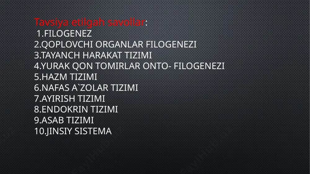 k, ko'p qavatli epiteliy to'qimasi tuban ko'p hujayrali hayvonlarga xosdir. halqali chuvalchanglar, bo'g'im oyoqlilar tanasi kutikulyar epiteliy bilan qoplangandir. xordalilar tanasi ko'p qavatli epiteliy to'qimasi bilan qoplangan tayanch-harakat tizimi hayvonlar progressiv evolyutsiyasi asosida harakat funksiyalarining filogenezi yota- di. tirik tabiatning tarixiy taraqqiyoti umurtqali hayvonlar skelet tuzilishida yaqqol ko'ri- nadi. organizmlar qarindoshligi qancha yaqin bo'lsa, ulaming anatomik tuzilishi ko'p jihatdan o'xshasabo'ladi. tashqi skeletga ega bo'lmagan, suvli muhitda yashaydigan umurtqali hayvonlar harakati asosan tanasining egri-bugri qisqartirishi hisobiga amalga oshgan bo'lsa, quruqlikda yashashga o'tishi esa harakatlanishning boshqa shakllanga o'tishini taqozo qilar edi. shuning uchun ularda quruqlikda harakatlanishiga yordam beradigan moslanishlardan biri - tana harakatini ta'minlay oladigan tana o'simtalaridan bin - oyoqlarining paydo bo'lishidir. shu bilan birga ulaming harakatini ta'minlashda muhim rol o'ynaydigan mushak to'qimasining rivojlanishidir. shuning uchun skelet tizimi evolyutsiyasini alohida va mushak tizimi evolyutsiyasini alohida ko'rib chiqamiz. skelet xordalilarda skelet tizimi, tuzilishi va vazifasi bo'yicha ular o'q skeleti, qo'l va oyoqlar skeleti, …