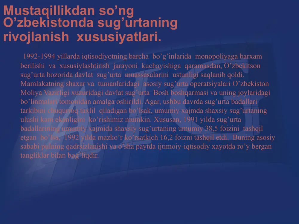 bekiston respublikasi oliy majlisi tomonidan "sug’urta faoliyati to’g’risida"gi mustaqillikdan keyingi ikkinchi qonun qabul qilindi. mazko’r qonun respublikamizda sug’urta xizmatlari samaradorligini oshirishda muxim qadam bo’ladi. mustaqillikdan so’ng o’zbekistonda sug’urtaning rivojlanish xususiyatlari. mustaqillikdan so’ng o’zbekistonda sug’urtaning rivojlanish xususiyatlari. mustaqillikdan so’ng o’zbekistonda sug’urtaning rivojlanish xususiyatlari. asosiy adabiyotlar o’zbekiston respublikasi konstitutsiyasi toshkent. 1992 y. o’zbekiston respublikasining qonuni «sug’urta faoliyati xaqida» toshkent. 2002 y karimov i.a. «o’zbekiston iqtisodiy isloxotlarni chuqurlashtirish yo’lida» t.: «o’zbekiston» 1995 y. karimov i.a.«o’zbekiston buyuk kelajak sari» t.: «o’zbekiston» 1998 y. karimov i.a. «o’zbekiston bozor munosabatlariga o’tishining o’ziga xos yo’li» t.: «o’zbekiston» 1998 y. karimov i.a. «o’zbekistonning o’z istiqlol va taraqqiyot yo’li» t.: «o’zbekiston» 1998 y image7.png image1.wmf image2.png image3.jpeg image8.jpeg image9.jpeg image10.jpeg image11.jpeg image12.jpeg image13.jpeg image14.jpeg image15.jpeg image16.jpeg image4.png image5.png image6.png