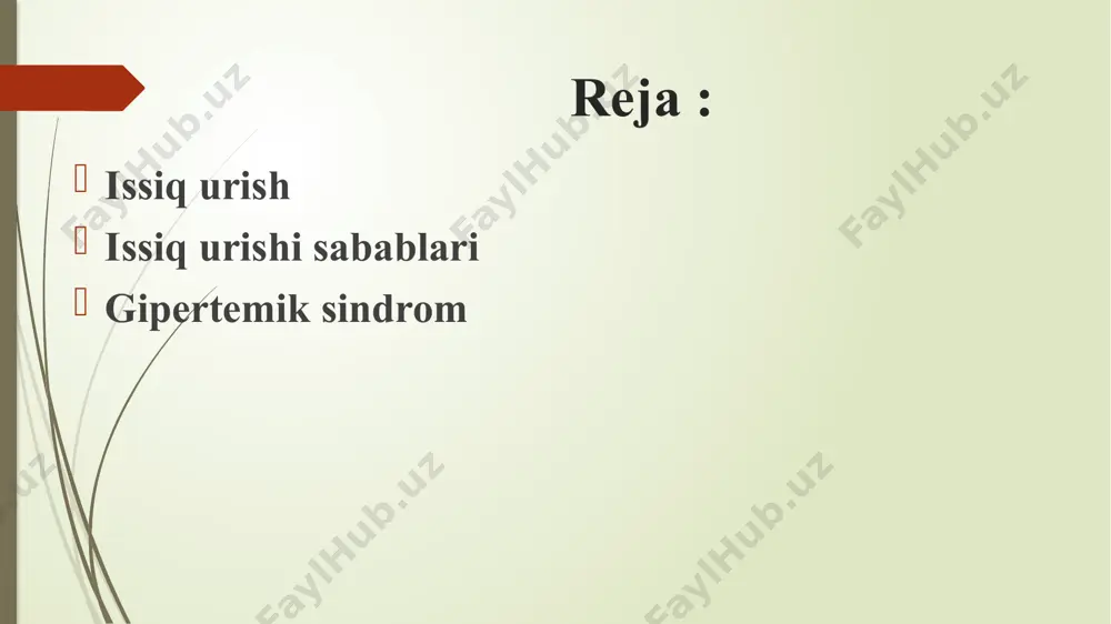 sh uchun darhol harakat qiling. odamni soyaga yoki yopiq joyga olib boring. ortiqcha kiyimlarni olib tashlang. odamni mavjud bo'lgan har qanday vositalar bilan sovuting - salqin vannaga yoki salqin dushga soling, bog 'shlangi, salqin suv bilan shimgichni seping, salqin suv bilan bug'langanda ventilyator bilan seping yoki odamning ustiga muz paketlari yoki sovuq, ho'l sochiqlarni qo'ying. bosh, bo'yin, qo'ltiq va kasık issiq urish quyidagi sabablarga ko'ra yuzaga kelishi mumkin: issiq muhitga ta'sir qilish. haroratsiz (klassik) issiqlik urishi deb ataladigan issiqlik urishining bir turida issiq muhitda bo'lish asosiy tana haroratining ko'tarilishiga olib keladi. ushbu turdagi issiqlik urishi odatda issiq, nam havo ta'siridan keyin, ayniqsa uzoq vaqt davomida sodir bo'ladi. ko'pincha keksa odamlarda va surunkali kasalliklarga chalingan odamlarda uchraydi. kuchli faoliyat. mashaqqatli issiqlik urishi issiq havoda kuchli jismoniy faoliyat natijasida yuzaga keladigan asosiy tana haroratining ko'tarilishidan kelib chiqadi. issiq havoda jismoniy mashqlar bilan shug'ullanadigan yoki ishlayotgan har bir kishi mashaqqatli issiqlik urishiga duchor …