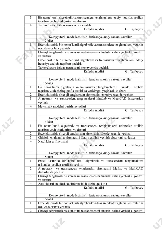 algrebraik va transsendent tenglamalarni vatarlar usulida taqriban yechishning grafik tasviri va yechimga yaqinlashish sharti 2 chiziqli tenglamalar sistemasini excelda yechish algoritmi 3 bir noma’lumli algrebraik va transsendent tenglamalarni oddiy iterasiya usulida taqriban yechishning grafik tasviri va yechimga yaqinlashish sharti 4 model va modellashtirish tushunchalari kafedra mudiri g’. tajibayev kompyuterli modellashtirish fanidan yakuniy nazorat savollari 11-bilet 1 bir noma’lumli algrebraik va transsendent tenglamalarni vatarlar usulida taqriban yechish algoritmi va dasturi 2 chiziqli tenglamalar sistemasini matlab va mathcad dasturlarida yechish 3 bir noma’lumli algrebraik va transsendent tenglamalarni oddiy iterasiya usulida taqriban yechish algoritmi va dasturi 4 tarmoqlararo balans masalasi va modeli kafedra mudiri g’. tajibayev kompyuterli modellashtirish fanidan yakuniy nazorat savollari 12-bilet 1 excel dasturida bir noma’lumli algrebraik va transsendent tenglamalarni vatarlar usulida taqriban yechish 2 chiziqli tenglamalar sistemasini bosh elementni tanlash usulida yechish algoritmi va dasturi 3 excel dasturida bir noma’lumli algrebraik va transsendent tenglamalarni oddiy iterasiya usulida taqriban yechish 4 …