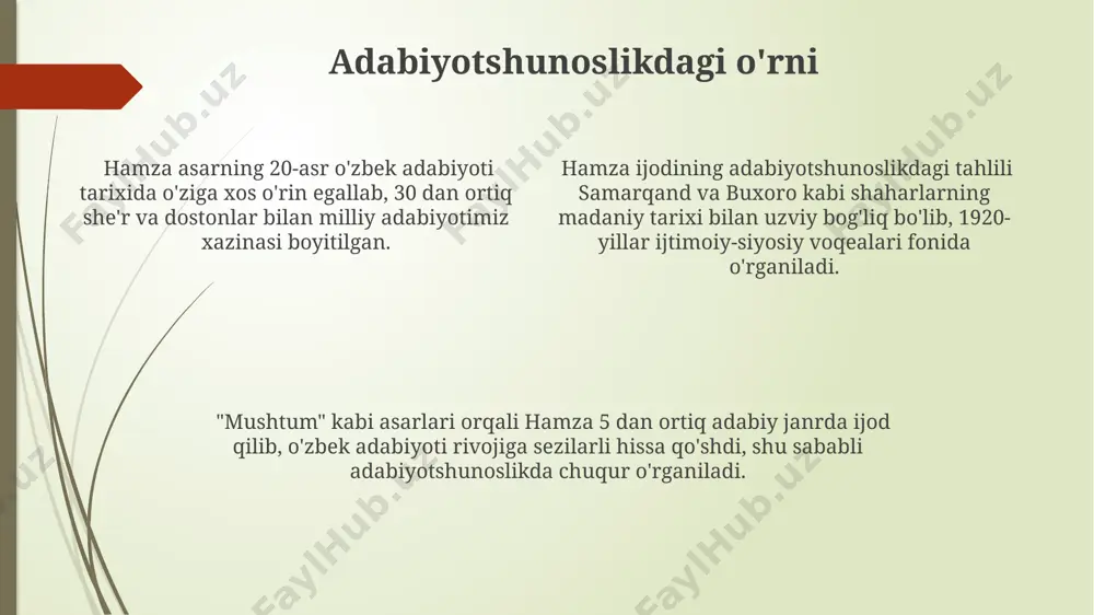 rlarda ishlatilgan. “boychechak”ning maʼnosi, asarning yaratilish joyi samarqand boʻlganligi sababli, markaziy osiyo madaniyatida 500 yildan ortiq tarixga ega boʻlgan gulning turini ifodalaydi. hamza asarlarida “boychechak” obrazi 3 marta takrorlanib, har bir takrorlanishda turli xil tuygʻular – sevgi, umidsizlik va xotiralarni ifoda etadi. hamza she'rlarining obrazlari hamza asarlaridagi obrazlarning 70% dan ortig'i lirik qahramonning ichki dunyosi, uning muhabbati, azob-uqubati va umidlarini aks ettiradi, she'riyatning falsafiy jihatlarini ochib beradi. hamza she'rlarida uchraydigan tasvirlarning rang-barangligi va majoziy ifodalarning ko'pligi (taxminan 300 dan ortiq turli xil metafora va istiora) uning ijodining boyligi va chuqurligini ko'rsatadi. hamza she'rlarida 12-13-asrlarda buxoro va samarqand kabi shaharlarning ijtimoiy-siyosiy hayoti, odamlarning turmush tarzi va ma'naviy qiyofasi yorqin tasvirlangan. hamza merosining o'rganilishi hamza merosi bo'yicha tadqiqotlar toshkent va buxoro arxivlaridagi 300 dan ortiq hujjatlarni tahlil qilish orqali olib borilgan. hamza merosi samarqanddagi 15-asr qo'lyozmalarida uchraydigan 20 dan ortiq she'rlar va 5 ta doston orqali o'rganilishi mumkin. hamza asarlarining badiiy uslubi …