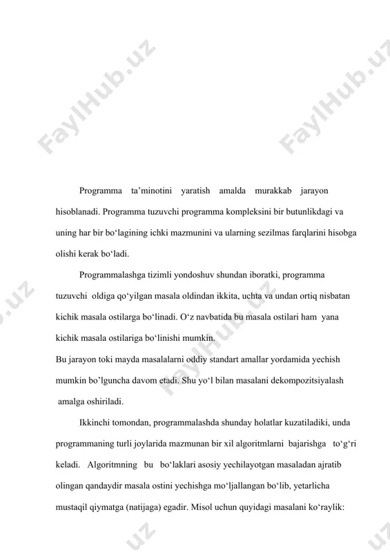 ham bo‘ladi. ro‘yxat bo‘sh bo‘lishi ham mumkin. funksiya prototiplariga misollar: int almashsin(int,int); double max(double x, double y); void func(); void chop_etish(void); funksiya prototipi tushirib qoldirilishi mumkin, agar programma matnida funksiya aniqlanishi uni chaqiradigan funksiyalar matnidan oldin yozilgan bo‘lsa. lekin bu holat yaxshi uslub hisoblanmaydi, ayniqsa o‘zaro bir-biriga murojaat qiluvchi funksiyalarni e’lon qilishda muammolar yuzaga kelishi mumkin. funksiya aniqlanishi – funksiya sarlavhasi va figurali qavsga (‘{‘,’}’) olingan qandaydir amaliy mazmunga ega tanadan iborat bo‘ladi. agar funksiya qaytaruvchi turi void turidan farqli bo‘lsa, uning tanasida albatta mos turdagi parametrga ega return operatori bo‘lishi shart. funksiya tanasida bittadan ortiq return operatori bo‘lishi mumkin. ularning ixtiyoriy birortasini bajarish orqali funksiyadan chiqib ketiladi. agar funksiyaning qiymati programmada ishlatilmaydigan bo‘lsa, funksiyadan chiqish uchun parametrsiz return operatori ishlatilishi mumkin yoki umuman return ishlatilmaydi. oxirgi holda funksiyadan chiqish – oxirgi yopiluvchi qavsga yetib kelganda ro‘y beradi. funksiya programmaning birorta modulida yagona ravishda aniqlanishi kerak, uning e’loni esa funksiyani …