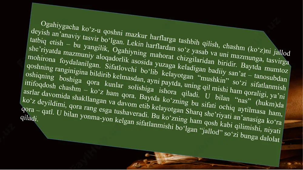 azal tahlilini bir muncha tushunib ham oldingiz. qolgan uch baytni o‘zingiz yoki sinfdosh o‘rtoqlaringiz bilan birgalikda tahlil qilib ko‘ring. faqat keyingi yettinchi baytda “ey shah” deb kim(lar)ga va nima uchun shunday murojaat qilinishini o‘ylab ko‘ring. sakkizinchi baytni sharhlashdan oldin sulaymon payg‘ambar haqidagi rivoyatni bilishingizga to‘g‘ri keladi. shunda bayt tahliliga yo‘l ochiladi. qabob kulbam aro, qo‘ymay chiqorg‘a sarsar afvoji, mani mahrum qildi el bila borish-kelishdin qish. manga mushkuldurur topmoq ilojinkim, g‘ino ahli iloj aylar sovuqqa qoqim-u sinjob-u kishdin qish. yetishdi, ogahiy, qish mavsumi, vah, emdi naylarsan ki, qottig‘dur qari-yu ojiz elga borcha ishdin qish. * * * qotig‘roq kelmadi hargiz jahong‘a ushbu qishdin qish, ki aql-u hisg‘a yaksar mone’ o‘ldi borcha ishdin qish. agarchi asradim ojiz tanim qat-qat libos ichra, sovuq yel birla lekin qoltiratdi ko‘b qamishdin qish. burudat shiddati ostida qaddim xam qilib yodek, zaif-u notavon-u nozik yetti ham kirishdin qish. chiqorg‘a har nechakim ko‘rguzub ko‘b sa’i tish qisdim, ushotib …