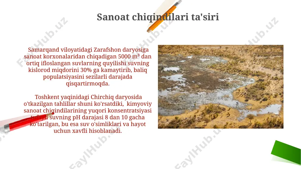 nsentratsiyasini o'z ichiga olgan va bu inson salomatligiga xavf soladi. loyqa suvning tozalash usullari buxoro shahrida suvni loyqalardan tozalashda, koagulyatsiya jarayoni, alyuminiy sulfat yordamida amalga oshiriladi, bu esa suvning loyqalik darajasini 5 ntu dan kamroqga kamaytiradi. loyqa suvni tozalashda, samarqand viloyatida qo‘llaniladigan 3 bosqichli filtrlash tizimi 90% gacha mexanik ifloslanishlarni, jumladan, 5 mm gacha bo‘lgan qattiq zarrachalarni yo‘qotadi. suv o'simliklari va hayvonot dunyosiga ta'siri tojikiston va o'zbekiston chegarasidagi surxondaryo daryosining ifloslanishi tufayli suv o'simliklari va hayvonot dunyosining bioxilma-xilligi 15% ga kamaygan, bu esa 25 ga yaqin endemik turga tahdid solmoqda. sirdaryo bo'ylaridagi botqoqliklarning 30% qisqarib, 100 ga yaqin qush turlari uchun muhim yashash joylari yo'qolmoqda, bu esa ularning populyatsiyasiga salbiy ta'sir ko'rsatmoqda. daryo tubining eroziyasi qashqadaryo viloyatidagi qadimiy ariqlar tizimining 70% dan ortig'i daryo tubining eroziyasi tufayli vayron bo'lgan, bu esa sug'orish tizimining samaradorligini 15% ga pasaytirdi. daryo tubining eroziyasi natijasida o'zbekistonning amudaryo havzasidagi 50 dan ortiq qishloqlar suv toshqini …