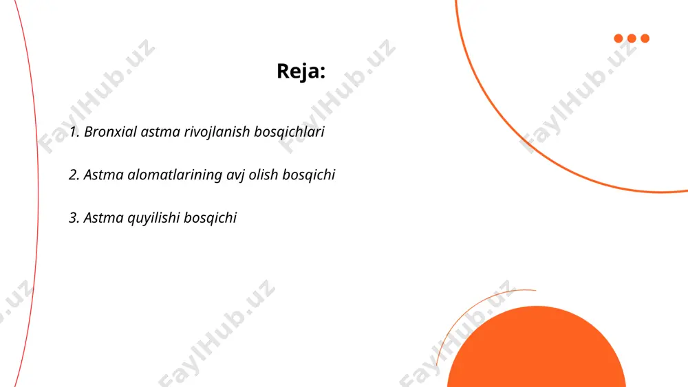 di. ba'zan balg‘am ajralishi ham kuzatiladi. ushbu bosqichda bronxlarning spazmlari kuchayadi, bu esa nafas olayotganda hushtak tovushini keltirib chiqaradi. ushbu holatda bemorning ahvoli tezkor davolash choralarini talab etadi. quyilishi bosqichi davomida bronxial yo‘llardagi yallig‘lanish jarayonlari nafas a’zolarining funksional imkoniyatlarini sezilarli darajada cheklaydi va bemorning umumiy ahvoliga, kundalik faoliyatiga jiddiy ta’sir ko‘rsatadi. davolash esa ko‘pincha bronxolitik va yallig‘lanishga qarshi preparatlarni qabul qilishni o‘z ichiga oladi. ... t.me/slaydai_bot remissiya bosqichi surunkali kasalliklarda vaqtinchalik yaxshilanish yoki alomatlarning yo'qolishini ifodalaydi. bu bosqichda kasallik simptomlari kamayib, bemorning holati yaxshilanadi. remissiya davri bemorlar uchun muhim, chunki ularning hayoti davomida normal turmush tarziga qaytish imkonini beradi. remissiya turli muddat davom etishi mumkin: haftalardan bir necha yilgacha. masalan, saraton kasalligida remissiya metastazlarning kamayishi yoki yo'qolishi demakdir. ammo, remissiya doimiy tuzalish emas va kasallik qayta kuchayishi yoki qaytalanishi mumkin. shu sababli, davolash davom ettirilishi va muntazam tekshiruvlar o'tkazilishi kerak. ... t.me/slaydai_bot 5. yengil darajadagi astma kechish bosqichi - bu …