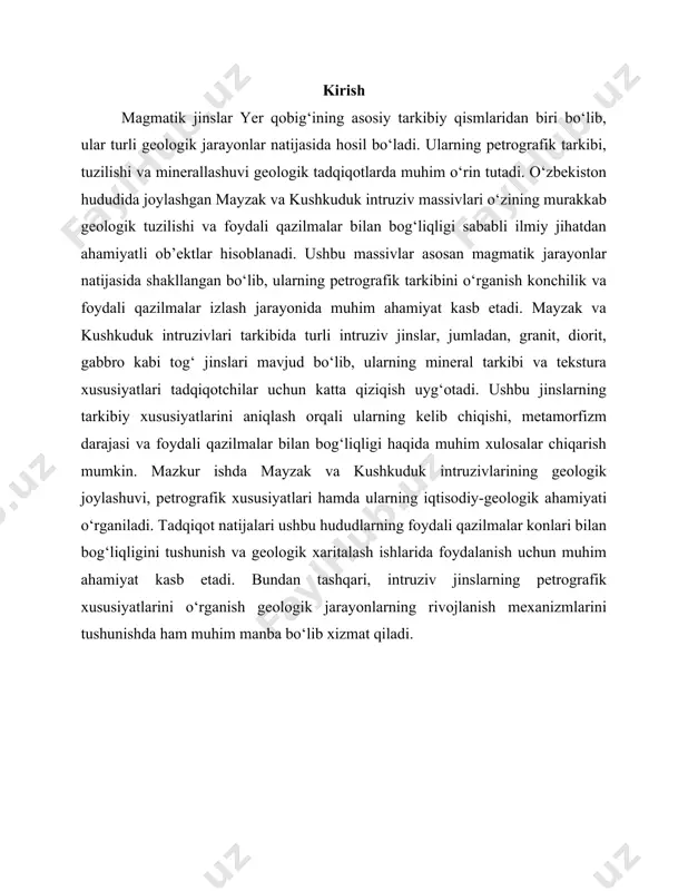 hududlarida joylashgan bo‘lib, ularning geologik tuzilishi murakkab va uzoq yillik magmatik jarayonlar natijasida shakllangan. ushbu massivlar asosan magmatik jinslardan iborat bo‘lib, ularning tarkibi va tuzilishi hududning geologik rivojlanish tarixini aks ettiradi. geologik nuqtayi nazardan, mayzak va kushkuduk intruzivlari paleozoy va mezozoy erasida shakllangan bo‘lib, ular asosan intruziv magmatik jinslardan tarkib topgan. ushbu jinslar tog‘li hududlarning chuqur qatlamlarida magmaning kristallanib qotishi natijasida hosil bo‘lgan. mayzak intruzivi asosan granit va granodiorit jinslaridan iborat bo‘lsa, kushkuduk intruzivi diorit, gabbro va ba’zan pegmatit jinslarini ham o‘z ichiga oladi. bu jinslarning tarkibiy xususiyatlari ularning geokimyoviy rivojlanish yo‘nalishlari bilan bog‘liq. mazkur intruziv massivlarning hududiy joylashuvi ularning foydali qazilmalar bilan bog‘liqligini ham ko‘rsatadi. bu yerda turli minerallashuv jarayonlari kuzatilgan bo‘lib, ayniqsa mis, molibden va boshqa metall rudalari mavjudligi geologlar tomonidan aniqlangan. ushbu massivlar atrofida gidrotermal o‘zgarishlar va kontakt metamorfizmi kuzatilishi tufayli hudud iqtisodiy-geologik jihatdan ham katta ahamiyat kasb etadi. mayzak va kushkuduk intruziv massivlarini o‘rganish natijasida ularning …