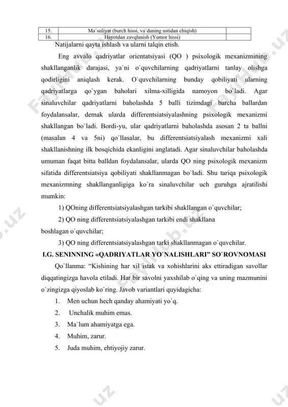 savollarga o`ylab, haqqoniy javob berasiz, degan umiddamiz”. marhamat, boshladik. 1.biror ishimga atrofdagilarning yuqori baho berishi. 2.ish joyim orqali har xil kamyob narsalarga ega bo`lish. 3.barchaning hurmatiga sazovor bo`lish uchun o`qib, ilm olish. 4.ish faoliyatimda ixtirochi bo`lish. yangilikka intilish. 5.ko`p o`qish, ko`proq ma`lumotga ega bo`lish evaziga farovon hayot manbaiga erishish. 6.oilam a`zolarining meni hurmat qilishlari. 7. hamkasblarim bilan bajarilayotgan ish xususida tez-tez maslahat olib, suhbatlashib turish. 8. o`rganayotgan bilim sohamda biror bir yangilik yaratish. 9. oilamning boy-badavlat hayot kechirishi. 10. atrofdagilarning nazariga tushadigan darajada ijtimoiy-siyosiy voqealardan xabardor bo`lish. 11. kasbiy mahoratimni doimiy ravishda oshirib borish. 12. har xilodamlar bilan faol muloqotda bo`lish uchun yuqori ma`lumot darajasiga ega bo`lish. 13. uy sharoitimning ko`rinishini doimo o`zgartirib, yangilab turish. 14. jamoat ishlarida faol qatnashib, moddiy mukofotlar olish. 15. havas va qiziqishlarim bilan atrofimdagilarni hayratga solish. 16. kasbiy faoliyatimda katta yutuqlarga erishish. 17. olgan bilimlarimni tinimsiz rivojlantirish, keng doiradagi ilmiy ma`lumotga ega bo`lish. 18. oilada …