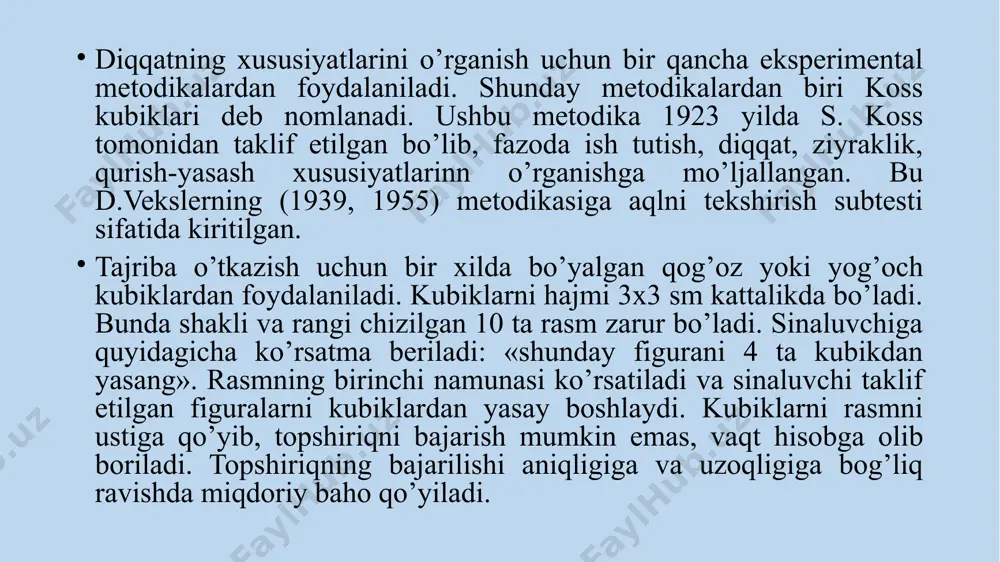 shganda to‘g‘ri burchak – 1 ball. eng yuqori baho – 3 ball. figura b: 1) katta kvadrat ikkita diametri bilan – 1 ball; 2) katta kvadrat 4 kichik kvadrat – 1 ball; 3) ichki diametr barcha ichki kvadratlar bilan – 1 ball; 4) kvadratchalardagi 4 ta nuqta – 1 ball; 5) aniq taqsimlanganlik – 1 ball. sinaluvchi olishi mumkin bo‘lgan eng yuqori baho – 5 ball. figura v: 1) ochiq to‘g‘ri to‘rtburchak – 1 ball; 2) markaz va o‘ng chap tomon to‘g‘ri esga tushirilgan – 1 ball; 3) bir noto‘g‘ri chizilgan qismni hisobga olmaganda, figura umuman to‘g‘ri – 1 ball; 4) figura to‘g‘ri esga tushirilgan – 1 ball; eng yuqori baho – 3 ball. figura g: 1) katta to‘g‘riburchak ichida kichik to‘g‘riburchak – 1 ball; 2) ichki to‘g‘riburchakning hamma uchlari tashqi to‘g‘riburchak uchlari bilan birlashtirilgan – 1 ball; 3) kichik to‘g‘riburchak katta to‘g‘riburchakda aniq joylashtirilgan – 1 ball; eng yuqori …