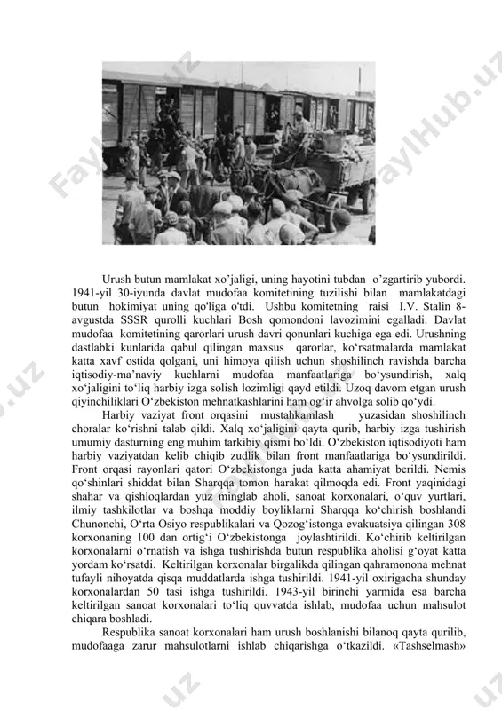 inchiliklari o‘zbekiston mehnatkashlarini ham og‘ir ahvolga solib qo‘ydi. harbiy vaziyat front orqasini mustahkamlash yuzasidan shoshilinch choralar ko‘rishni talab qildi. xalq xo‘jaligini qayta qurib, harbiy izga tushirish umumiy dasturning eng muhim tarkibiy qismi bo‘ldi. o‘zbekiston iqtisodiyoti ham harbiy vaziyatdan kelib chiqib zudlik bilan front manfaatlariga bo‘ysundirildi. front orqasi rayonlari qatori o‘zbekistonga juda katta ahamiyat berildi. nemis qo‘shinlari shiddat bilan sharqqa tomon harakat qilmoqda edi. front yaqinidagi shahar va qishloqlardan yuz minglab aholi, sanoat korxonalari, o‘quv yurtlari, ilmiy tashkilotlar va boshqa moddiy boyliklarni sharqqa ko‘chirish boshlandi chunonchi, o‘rta osiyo respublikalari va qozog‘istonga evakuatsiya qilingan 308 korxonaning 100 dan ortig‘i o‘zbekistonga joylashtirildi. ko‘chirib keltirilgan korxonalarni o‘rnatish va ishga tushirishda butun respublika aholisi g‘oyat katta yordam ko‘rsatdi. keltirilgan korxonalar birgalikda qilingan qahramonona mehnat tufayli nihoyatda qisqa muddatlarda ishga tushirildi. 1941-yil oxirigacha shunday korxonalardan 50 tasi ishga tushirildi. 1943-yil birinchi yarmida esa barcha keltirilgan sanoat korxonalari to‘liq quvvatda ishlab, mudofaa uchun mahsulot chiqara boshladi. respublika …
