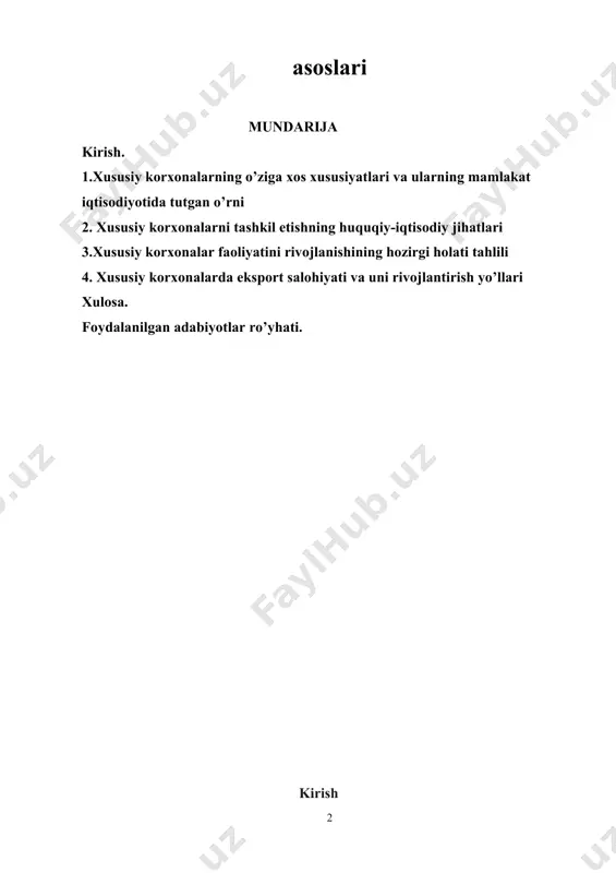 tirish masalalarini o‘rganish nafaqat iqtisodiy nazariy jihatdan, balki amaliy jihatdan ham katta ahamiyatga ega. mazkur kurs ishi xususiy korxonalarning tashkiliy-iqtisodiy asoslarini o‘rganish orqali ularning iqtisodiy samaradorligini oshirish va barqaror rivojlanishini ta’minlashga qaratilgan tavsiyalar ishlab chiqishga xizmat qiladi. kurs ishining maqsad va vazifalari: xususiy korxonalarning tashkiliy-iqtisodiy asoslarini o‘rganish orqali ularning samaradorligini oshirish, raqobatbardoshligini ta’minlash va iqtisodiy rivojlanishdagi o‘rnini kuchaytirishga oid ilmiy va amaliy tavsiyalar ishlab chiqish. 1. xususiy korxonalarning iqtisodiyotdagi o‘rni va ahamiyatini nazariy jihatdan o‘rganish. 2. xususiy korxonalarning tashkiliy-iqtisodiy asoslarini tashkil etish jarayonlarini tahlil qilish. 3. korxonalarning samaradorligini oshirishga qaratilgan boshqaruv tizimlarini va usullarini o‘rganish. 4. xususiy korxonalarning moliyaviy barqarorligini ta’minlash va investitsiyalarni jalb qilish imkoniyatlarini tahlil qilish. 5. bozor iqtisodiyotida xususiy korxonalar uchun mavjud muammolar va ularni hal qilish yo‘llarini aniqlash. 6. xususiy korxonalarni rivojlantirish va raqobatbardoshligini oshirish bo‘yicha kurs ishi mavzusining ob’ekti va predmeti. obyekt-xususiy korxonalar va ularning iqtisodiyotdagi roli.predmet-xususiy korxonalarning tashkiliy-iqtisodiy asoslari, ularning faoliyatini samarali tashkil etish, …