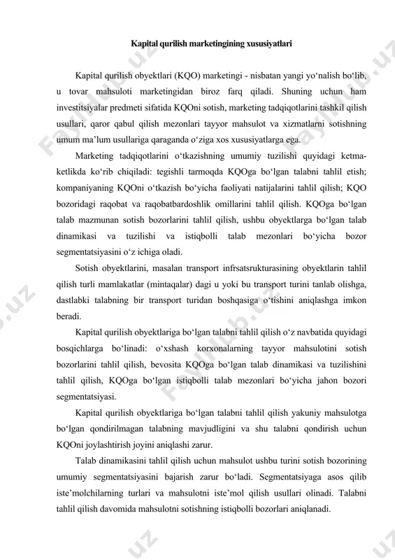 bozorining umumiy segmentatsiyasini bajarish zarur bo‘ladi. segmentatsiyaga asos qilib iste’molchilarning turlari va mahsulotni iste’mol qilish usullari olinadi. talabni tahlil qilish davomida mahsulotni sotishning istiqbolli bozorlari aniqlanadi. kqoni sotish bozorlarini marekting tadqiq qilish yig‘indilar - ko‘rsatkichlar va asosiy bosqichlar bo‘yicha amalga oshiriladi. birinchi bosqichda ishlab chiqarishning mavjud strukturasi, uning eng maqbul joylashtirish prinsiplariga mosligi aniqlanadi. bunda ishlab chiqarishning xomashyoga, energiyaga, ishchi kuchiga yaqinlik, infrastruktura mavjudligi kabi bir qator asosiy samaradorlik mezonlari aniqlab olinadi. ishlab chiqarish strukturasini tadqiq qilish natijalaridan ikkinchi bosqichda foydalaniladi. natijalardan mahsulotga bo‘lgan joriy talab qanchalik qondirilganligi va uni qoplash manbalari qandayligini aniqlashda foydalaniladi. uchinchi bosqichda mamlakatda ishlab chiqarishni kengaytirishning potensial imkoniyatlari va kelgusida talabning o‘sishini qoplash uchun importning ko‘payishi ehtimoli tadqiq etiladi. tahlilning so‘nggi bosqichida tovarlarning yuqoriroq raqobatbardoshligini ta’minlash evaziga ishlab chiqarishni qo‘shimcha jadalllashtirish imkoniyatlari aniqlanadi. bunda ishlab chiqarilayotgan mahsulotning texnik darajasini, boshqa mahsulot tayyorlovchilar tomonidan raqobat darajasini aniqlab olish muhimdir. kqoni muvaffaqiyatli sotishni ta’minlash uchun ishlab chiqarishni …