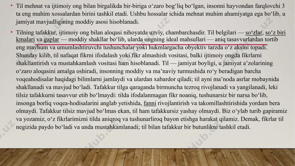 gi tafovutlar til tarixining jamiyat tarixi bilan aloqadorligini belgilovchi xususiyatidir. jamiyatning ayrim hududiy qismlarga iqtisodiy va siyosiy parchalanishi jarayonlari iqtisodiy va siyosiy birlashish jarayonlaridan ustun boʻlganda, yaxlit, bir butun tillar hududiy lahjalarga boʻlinib ketadi. aksincha, jamiyatning iqtisodiy, siyosiy birlashish jarayonlari-- hududiy parchalanish jarayonlaridan ustunlik qilgan davrlarda, laxjaviy differensiatsiya bilan bir qatorda, adabiyotda adabiy til sifatida mustahkamlanib qoluvchi yagona umumxalq tilini yaratishga imkon boʻladi. umumxalq milliy tilning shakllanishi tegishli millatning shakllanishi davrida roʻy beradi. tilning paydo bo‘lishi haqidagi qarashlar. tillarning shakllanishiga doir nazariyalar asosiy tushunchalar: til va jamiyat, anologistlar, anomalistlar, tilning paydo bo‘lishi haqidagi nazariyalar, tovushga taqlid nazariyasi, undovlar nazariyasi, mehnat hayqiriqlari nazariyasi, ijtimoiy kelishuv nazariyasi, qabila tili, elat tili, xalq tili, milliy til.til kishilar o‘rtasidagi munosabatning eng muhim quroli bo‘lib, jamiyat taraqqiyoti jarayonida shakllangan va umuminsoniy manfaatlarni ifoda etadi. tilning paydo bo‘lishi va rivojlanishi insoniyat jamiyati bilan mustahkam bog‘liq. til insoniyat tarixi qadar qadimiydir. xalq qardosh qabilalar ittifoqi sifatida shakllangan …