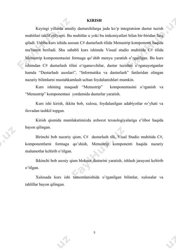 lanadi va kuchi shu satr oxirigacha saqlanadi. sharhlar yoki boshqacha qilib aytganda kommentariylar kompilyator tomonidan hisobga olinmaydi va hech qanday mashina ijro kodiga aylantirilmaydi. sharhlar kerakli joyda, funksiyalardan oldin, o'zgaruvchilar e'lonidan keyin yozilganda, dasturni tushunish ancha osonlashadi va keyinchalik programma ishlash mantig'ini esga solib turadi. using system; bu juda katta kutubxona bo’lib unda har xil funksiyalar va klasslar mavjud. namespace dastur1 esa ushbu klass qaysi nom ichida joylashganligini bildirish uchun mo’ljallangan.void main() har bir c# dasturining qismidir. main dan keyingi () qavslar c# ning funksiya deb ataluvchi blokining boshlangangini bildiradi. c# dasturi bir yoki bir necha funksiyalardan iborat. va shulardan aniq bitta funksiya main deb atalishi shart. bunda main dastur ichida keladigan birinchi funksiya bo'lmasligi ham mumkin. operatsion sistema dastur ijrosini main() funksiyasidan boshlaydi. main() dan oldin kelgan int esa main funksiyasidan qaytish qiymati tipini belgilaydi. bunda int integer, ya’ni butun son deganidir. main() ning qaytargan qiymati operatsion sistemaga boradi. …