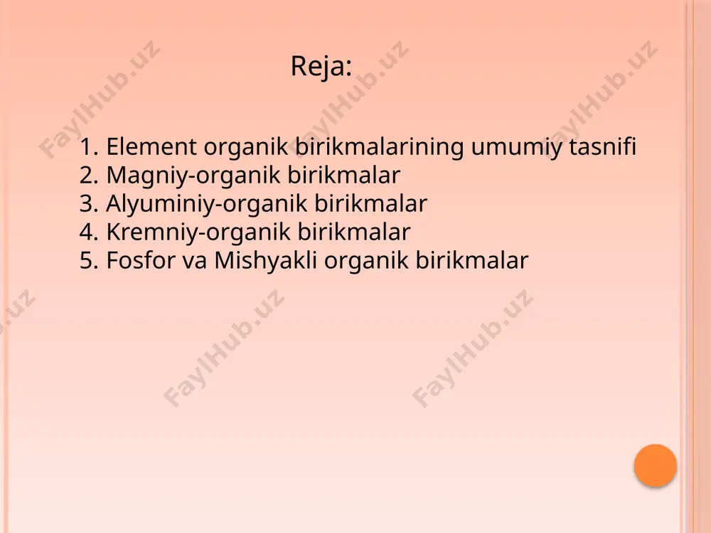 atomi bilan to‘g‘ridan to‘g‘ri bog‘langan metall yoki metallmas atomlari bor birikmalar element-organik birikmalar deyiladi. birinchi bo‘lib element - organik birikmalarni 1849-yilda ingliz olimi e. frankland kashf etdi, u etil yodidga rux ta’sir ettirib dietil ruxni sintez qildi va uglerod atomlari metallar bilan bevosita bog‘lanishi mumkinligini ko‘rsatdi: elemant organik biriknalar: element-organik birikmalar metall-organik birikmalar va metallmas- organik birikmalarga bo‘linadi. ular tuzilishiga ko‘ra ikki guruhga bo‘linadi: 1. sof element-organik birikmalar. bunday birikmalarda element atomlari faqat uglevodorod radikali bilan bevosita bog‘lanadi: 2. aralash element-organik birikmalar. bularda element atomlari uglevodorod radikali bilan birga boshqa element bilan birikkan bo‘ladi. magniy-organik birikmalar magniy - organik birikmalar galoid alkillarning suvsizlantirilgan (absolut) efirdagi eritmasiga magniy metali ta’sir ettirib olinadi: bu reaksiyani birinchi bo‘lib 1861-yilda fransuz kimyogari f. grinyar ochgan, shu sababli uni grinyar reaksiyasi deb atalib, hosil qilingan magniy-organik birikmani grinyar reaktivi deb ataladi. grinyar reaktivi ko‘pgina moddalarni sintez qilishda foydalaniladi.odatda, hosil qilingan magniy-organik birikma efirdan ajratib o‘tirilmaydi, …