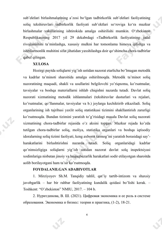 haxslari va soliq to‘lovchi soliq tekshiruvlarining ishtirokchilari hisoblanadi31. soliq tekshiruvlarida soliq to‘lovchining vakili ham ishtirok etishi mumkin. shuningdek, qonunchilikda ko‘zda tutilgan holatlarda soliq tekshiruviga soliq tekshiruvi natijasidan manfaatdor bo‘lmagan ekspert, tarjimon va xolislar jalb etilishi mumkin. tadbirkorlik faoliyati sub’ektlari birlashmalarining a’zosi bo‘lgan tadbirkorlik sub’ektlari faoliyatining soliq tekshiruvlari tadbirkorlik faoliyati sub’ektlari so‘roviga ko‘ra mazkur birlashmalar vakillarining ishtirokida amalga oshirilishi mumkin. o‘zbekiston respublikasining 2017 yil 29 dekabrdagi «tadbirkorlik faoliyatining jadal rivojlanishini ta’minlashga, xususiy mulkni har tomonlama himoya qilishga va ishbilarmonlik muhitini sifat jihatidan yaxshilashga doir qo‘shimcha chora-tadbirlar qabul qilingan. xulosa hozirgi paytda soliqlarni yig’ish ustidan nazorat etarlicha bo’lmagan metodik va kadrlar ta’minoti sharoitida amalga oshirilmoqda. metodik ta’minot soliq nazoratining maqsadi, shakli va usullarini belgilovchi yo’riqnoma, ko’rsatmalar, tavsiyalar va boshqa materiallarni ishlab chiqishni nazarda tutadi. davlat soliq nazorati xizmatining metodik ishlanmalari (tekshiruvlar dasturlari va rejalari, ko’rsatmalar, qo’llanmalar, tavsiyalar va b.) joylarga kechiktirib etkaziladi. soliq organlarining ish tajribasi yaxlit soliq statistikasi tizimini shakllantirish zarurligi …