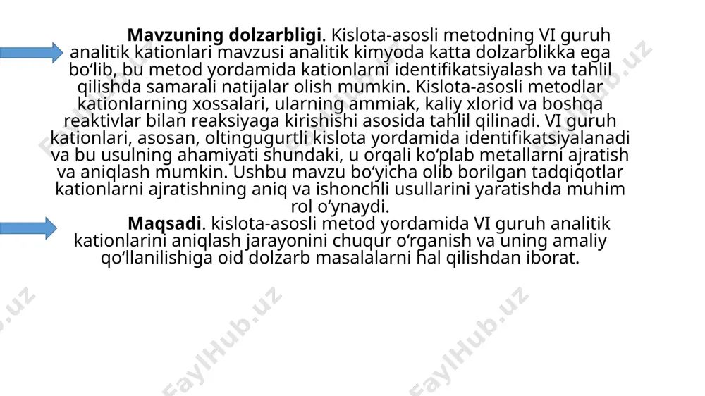 larning suvda eruvchan tuzlari, xloridlar, sulfatlar, karbonatlar, va fosfatlar kabi ko‘plab muhim reaksiyalarda ishtirok etadi. vi guruh kationlarini aniqlashda ishlatiladigan reagentlar o‘zgacha va keng qamrovli, ularning ta’siri esa keng spektrni tashkil etadi. quyidagi kengaytirilgan tavsifda bu kationlar va ularning reaktsiyalarini ko‘rib chiqamiz. 1. kobalt (ii) kationlari kobalt (ii) ionlari analitik kimyo usullarida keng qo‘llaniladi. ularning rangli tuzlari (masalan, kobalt (ii) sulfat yoki xlorid) puxta tahlil qilishda muhimdir. kobalt (ii) ionlari asosiy ammiak bilan komplekslar hosil qiladi, shuningdek, kuchli oksidlovchilar ta’sirida kobalt (iii)ga o‘tishi mumkin. kobalt (ii) va ammiak reaktsiyasi: kobalt (ii) ioni ammiak bilan kompleks hosil qiladi. bu kompleks, asosan, quyidagi shaklda ifodalanadi: hg2+ uchun vodorod sulfid bilan tajriba bajariladi ishqoriy metallarning gidroksidlari va ammiak bilan reaksiyasi (guruh reagenti ta’siri). qalay (ii) xlorid bilan reaksiyasi.qalay (ii) xlorid simob (ii) kationlari bilan oq cho‘kma simob (i) xlorid –kalomelni hosil qildi. qalay (ii) xlorid eritmasidan yana qo‘shdik, cho‘kma qoraydi va simob ajraldi: …