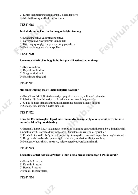 test n24 ertalabki karaxtlik revmatoid artritda qanday namoyon bo‘ladi? a) faqat katta bo‘g‘imlarda 10-15 daqiqa davom etadi b) bo‘g‘imlarda yoki bo‘g‘im oldi to‘qimalarida bir soatdan kam bo‘lmagan vaqt davomida qattiqlik hissi bo‘ladi c) kun davomida harakat bilan kuchayadi, ertalab yo‘qoladi d) bo‘g‘im ichi suyuqligi kamayishi natijasida kechqurun kuchayadi test n25 kamida 3 yoki undan ko‘p bo‘g‘imlarda artrit bo‘lishi revmatoid artrit tashxisi uchun muhim mezonlardan biri. ushbu bo‘g‘imlarga qaysilar kiradi? a) proksimal falangalararo, kaft-falanga, kaft-bilak, tirsak, tizza, boldir tovon bo‘g‘imlari b) yelka, kestirib, umurtqa pog‘onasi bo‘g‘imlari c) jag‘ bo‘g‘imi, sakroiliak bo‘g‘imlar, bo‘yin bo‘g‘imlari d) faqat panja va kaft bo‘g‘imlari test n26 panja bo‘g‘imlari artriti qanday bo‘g‘imlarni shikastlaydi? a) faqat distal falangalararo bo‘g‘imlarni b) kaft-falanga, proksimal falangalararo, kaft-bilak, tirsak, tizza bo‘g‘imlarini c) yelka va son bo‘g‘imlarini d) umurtqa pog‘onasi bo‘g‘imlarini test n27 simmetrik artrit deganda nimani tushunamiz? a) o‘ng qo‘ldagi bo‘g‘imlar shikastlanib, chap qo‘lga ta’sir qilmaydi b) o‘ng va chap tomondagi bir …
