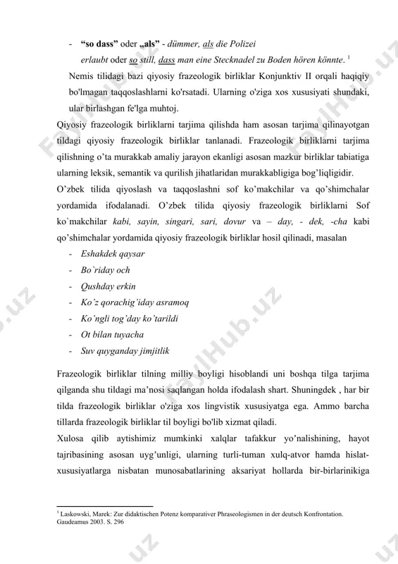 ularning o'ziga xos xususiyati shundaki, ular birlashgan fe'lga muhtoj. qiyosiy frazeologik birliklarni tarjima qilishda ham asosan tarjima qilinayotgan tildagi qiyosiy frazeologik birliklar tanlanadi. frazeologik birliklarni tarjima qilishning o’ta murakkab amaliy jarayon ekanligi asosan mazkur birliklar tabiatiga ularning leksik, semantik va qurilish jihatlaridan murakkabligiga bog’liqligidir. o’zbek tilida qiyoslash va taqqoslashni sof ko’makchilar va qo’shimchalar yordamida ifodalanadi. o’zbek tilida qiyosiy frazeologik birliklarni sof ko`makchilar kabi, sayin, singari, sari, dovur va – day, - dek, -cha kabi qo’shimchalar yordamida qiyosiy frazeologik birliklar hosil qilinadi, masalan · eshakdek qaysar · bo`riday och · qushday erkin · ko’z qorachig’iday asramoq · ko’ngli tog’day ko’tarildi · ot bilan tuyacha · suv quyganday jimjitlik frazeologik birliklar tilning milliy boyligi hisoblandi uni boshqa tilga tarjima qilganda shu tildagi ma’nosi saqlangan holda ifodalash shart. shuningdek , har bir tilda frazeologik birliklar o'ziga xos lingvistik xususiyatga ega. ammo barcha tillarda frazeologik birliklar til boyligi bo'lib xizmat qiladi. xulosa qilib aytishimiz …
