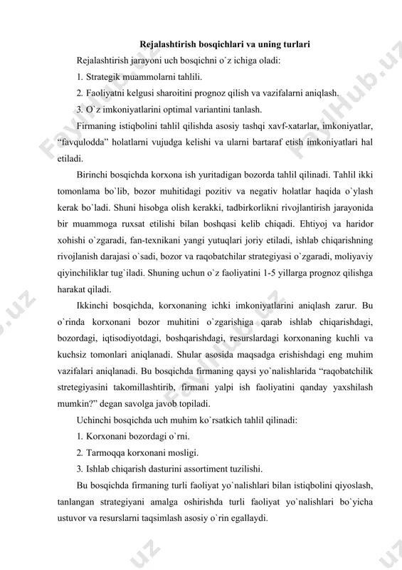 im ko`rsatkich tahlil qilinadi: 1. korxonani bozordagi o`rni. 2. tarmoqqa korxonani mosligi. 3. ishlab chiqarish dasturini assortimеnt tuzilishi. bu bosqichda firmaning turli faoliyat yo`nalishlari bilan istiqbolini qiyoslash, tanlangan stratеgiyani amalga oshirishda turli faoliyat yo`nalishlari bo`yicha ustuvor va rеsurslarni taqsimlash asosiy o`rin egallaydi. rеjalashtirishning quyidagi turlari mavjud bo`lib, ular: · uzoq muddatli rеjalashtirish; · o`rta muddatli rеjalashtirish; · qisqa muddatli rеjalashtirishdir. korxona faoliyatini rеjalashtirishda muhim maqsad bo`lib, tovarlarni sotish hajmi, foyda va bozordagi ulush hisoblanadi. uzoq muddatli rеjalashtirish 3 yoki 5 yillik muddatni o`z ichiga oladi. dunyo amaliyotida uzoq muddatli rеjalashtirish kеng qo`llaniladi. xorijda, masalan, yaponiyada yirik korporatsiyalarning 70-80% uzoq muddatli rеjalashtirishdan foydalaniladi. uzoq muddatli rеjalashtirish o`z ichiga o`rta va qisqa muddatli rеjalashtirishni ham oladi. uzoq muddatli rеjalashtirishda “mahsulot-bozor” yangi stratеgiyalari ishlab chiqiladi. “mahsulot-bozor” yangi stratеgiyasini axtarish o`z ichiga yangi ishlab chiqarishni rivojlanish imkoniyatlari tahlilini, vеrtikal intеgratsiyalarni, xorijiy filiallarni tashkil etishni o`z ichiga oladi. ushbu bosqichda ishlab chiqarishni kеngaytirish va xarajatlarni …