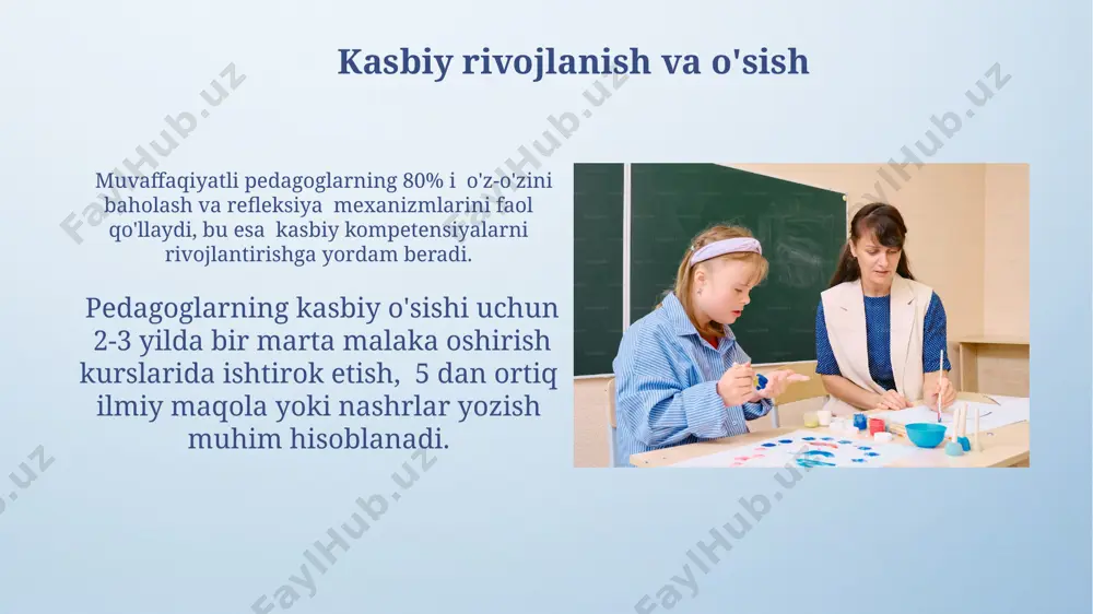 lublaridan samarali foydalanib, individual yondashuvni ta'minlaydi. axloqiy-ma'naviy kamchiliklarga ega bo'lgan pedagoglar o'quv jarayonida kamida 20% samaradorlikni pasaytiradi va o'quvchilarning psixologik salomatligiga salbiy ta'sir ko'rsatishi mumkin. stressga chidamlilik va emotsional barqarorlik emotsional barqarorlik va stressga chidamlilik o'qituvchilarning kasbiy yonish sindromining oldini olishda muhim rol o'ynab, ularning sog'lig'ini va uzoq muddatli faoliyatini ta'minlaydi. pedagoglarning 70% dan ortig'i kasbiy faoliyatida yuqori stress darajasiga duch kelishini hisobga olgan holda, emotsional barqarorlik o'qituvchilarning professional samaradorligi uchun muhim omil hisoblanadi. e'tiboringiz uchun rahmat @taqdimot_robot image4.png image5.jpg image6.jpg image7.jpg image8.jpg image9.jpg image10.jpg image11.jpg image12.jpg image13.jpg image14.jpg image15.jpg image3.jpeg