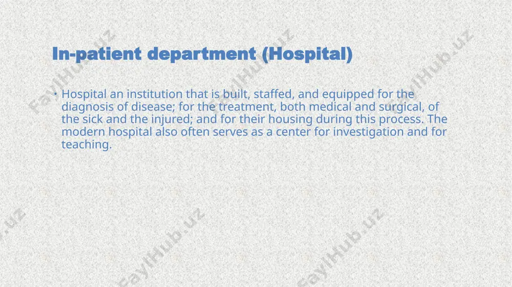 aintaining professional standards. the administrator is the chief executive officer of the hospital and is responsible to the board. in a large hospital there are many separate departments, each of which is controlled by a department head. the largest department in any hospital is nursing, followed by the dietary department and housekeeping. examples of other departments that are important to the functioning of the hospital include laundry, engineering, stores, purchasing, accounting, pharmacy, physical and occupational therapy, social service, pathology, x-ray, and medical records. the medical staff is also organized into departments, such as surgery, medicine, obstetrics, and pediatrics. the degree of departmentalization of the medical staff depends on the specialization of its members and not primarily on the size of the hospital, although there is usually some correlation between the two. the chiefs of the medical-staff departments, along with the chiefs of radiology and pathology, make up the medical advisory …