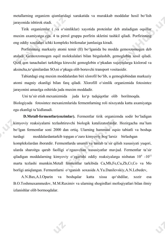 rganish soxasida a.ya.danilevskiy,a.n.lebedev, a.n.bax,a.i.oparin va boshqalar katta xissa qo‘shdilar, xozir esa b.o.toshmuxammedov, m.m.raximiv va ularning shogirdlari mofoqiyatlari bilan ilmiy izlanishlar olib bormoqdalar. tayanch iboralar. tashqi va ichki sferalarning ionlanishi, beqarorlik konstantasi, barqarorlik (mustahkamlik) konstantasi, barqarorlikka ta’sir etuvchi omillar, komplekslar analitik kimyoda, komplekslar galvanotexnikada, komplekslar korroziyaga qarshi kurashda, komplekslar organizm hayotida, metallofermentlar. savol va topshiriqlar. 1. koordinatsion birikmalar eritmada qanday ionlanadi? 2. beqarorlik konstantasi nima? 3. beqarorlik va mustahkamlik ( barqarorlik) konstantalari orasida qanday bog‘liqlik mavjud? 4. komplekslar barqarorligi qaysi omillarga bog‘liq? 5. markaziy ion zaryadi zichligini o‘zgarishiga ko‘ra ular hosil qilgan komples birikmalar mustahkamligi qanday o‘zgaradi? 6. o‘zbekistonda qaysi olimlar koordinatsion birikmalar kimyosi rivojlanishiga katta xissa qo‘shgan? 7. koordinatsion birikmalarning analitik kimyodagi ahamiyati. 8. kompleks birikmalarning golvanik qoplamalar hosil qilishda qo‘llanilishi. 9. metallarni korroziyadan saqlashda kompleks birikmalar qanday ahamiyatga ega? 10. koordinatsion birikmalarning o‘simlik va tirik mavjudodlar uchun ahamiyati. foydalanilgan adabiyotlar 1. parpiev n.a., yusupov v.g., toshev m.t. koordinatsion birikmalar …
