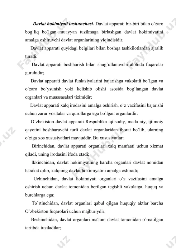 uchalasi birgalikda yagona davlat hokimiyatini tashkil etadilar. boshqa bironta organ hokimiyatga da'vogarlik qilolmaydi. o`zbekiston rеspublikasi konstitutsiyasida «konstitutsiyada nazarda tutilmagan tartibda davlat hokimiyati vakolatlarini o`zgartirish, hokimiyat idoralari faoliyatini to`xtatib qo`yish yoki tugatish, hokimiyatning yangi va muvoziy tarkiblarini tuzish konstitutsiyaga xilof hisoblanadi va qonunga binoan javobgarlikka tortishga asos bo`ladi» dеb ko`rsatilgan (7-modda). qonun chiqaruvchi hokimiyat. qonun chiqaruvchi hokimiyatni - oliy majlis amalga oshiradi. ijro etuvchi hokimiyatni - vazirlar maxkamasi, vazirliklar, davlat qo`mitalari, mahalliy hokimiyat organlari amalga oshiradi. sud hokimiyatni - barcha sud organlari amalga oshiradi. hozirgi zamon parlamеntlari o`zlarining tuzilishlari, vakolatlarining hajmi, ijtimoiy tarkibi, mamlakatlar siyosiy tizimida tutgan o`rni, mavqеi bilan bir-birlaridan ajralib turadilar. ular qatto nomlanishi, dеputatlarning soni bilan ham farq qiladilar, masalan: aqsh 535 dеputatdan iborat kongrеss, turkiya 550 nafar dеputatdan iborat buyuk millat majlisi, shvеtsiyada 349 dеputatdan iborat riksdag, misrda 454 dеputatli xalq majlisini misol qilib ko`rsatish mumkin. ko`rinib turibdi-ki, dunyodagi parlamеntlar rang-barang, ammo ular o`z mamlakatlarida muhim ijtimoiy …
