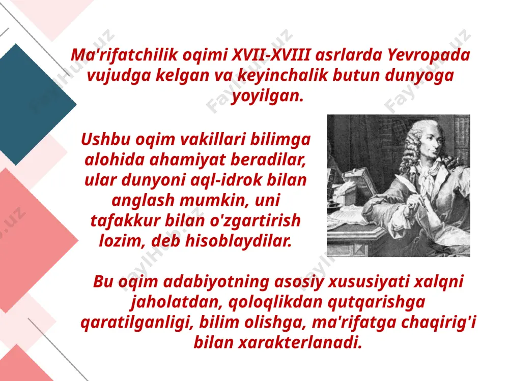 sartarosh» asari qahramoni xizmatkor figaro) qahramonida esa uddaburonlik, tadbirkorlik, ayni paytda, lo'ttibozlik, nayrangbozlik mujassam. adabiyotlar: 1. i. karimov. yuksak ma`naviyat – yengilmas kkuch. t., ma`naviyat, 2008. 2. alimuhamedov n. “antik adabiyot tarixi”. t.: “o’qituvchi”. 1975 yil. 3. sulaymonova f. “sharq va g’arb”. t.: “o’zbekiston”. 1997 yil. 4. kun n.a. “qadimgi yunoniston afsona va rivoyatlari”. toshkent. 1983 yil. 5. mahmudov m. “hayrat va tafakkur”. toshkent. g’.g’ulom. 1990 yil. 6. sh. normatova. jahon adabiyoti. t., cho’lpon, 2008. image2.jpg image3.gif image4.jpeg image5.jpeg image6.png image7.jpeg image8.jpeg image9.jpeg image10.jpeg image11.jpeg image12.jpeg image13.jpeg image1.jpg
