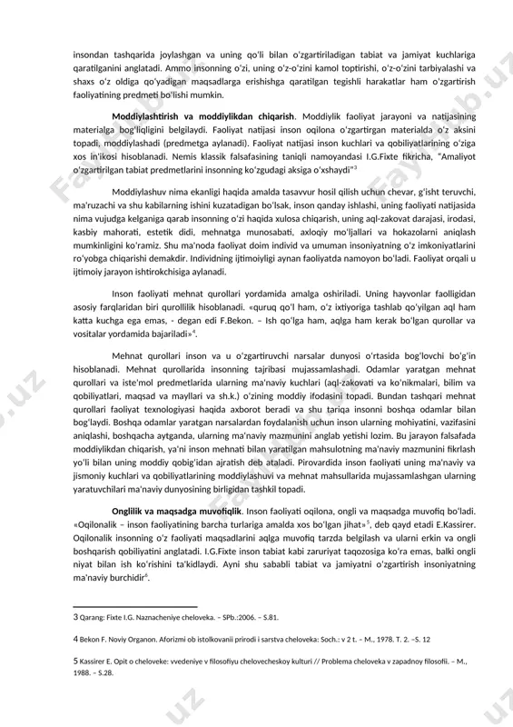 ga erishishi mumkinligi haqidagi tasavvur ham yotadi. psixologiyada bilim va maqsadning inson ehtiyojlari bilan belgilangan o‘ziga xos chatishuvi faoliyat jarayonida ob'ektda gavdalanadigan obraz sifatida qaraladi. shunday qilib, faoliyat sub'ektning borliqqa bo‘lgan munosabatlarini ro‘yobga chiqarish usuli hisoblanadi. ammo faoliyatning o‘zi insonning tashqi dunyoga bevosita munosabati bilan emas, balki uni anglab yetishi, ya'ni ruhiy motivlar, maqsadlar, vositalar (mehnat qurollari) bilan tavsiflanadi. faoliyatning tuzilishi. faoliyatning umumiy tuzilishi ehtiyojlar bilan belgilanadi insonning ehtiyojlari uning faollik manbai hisoblanadi. hayot ehtiyojlari (insonning jonli mavjudot sifatidagi ehtiyojlari), ijtimoiy ehtiyojlar (ijtimoiy rivojlanish ehtiyojlari, shuningdek shaxsning jamiyatga moslashuv ehtiyojlari) va ma'naviy (ma'rifiy, diniy, axloqiy, estetik va sh.k.) ehtiyojlar farqlanadi. ehtiyojlarning rang-barangligi inson faoliyati turlarining rang-barangligini belgilaydi. faoliyat turlarini tasniflash zamirida yotuvchi eng muhim omil u qaratilgan va faoliyat motivini tashkil etadigan predmetlar farqidir. faoliyat motivsiz bo‘lmaydi, «motivlashtirilmagan» faoliyat sub'ektiv pinhona motivga ega bo‘ladi. harakatlar va amallar. faoliyat harakatlardan tashkil topadi. harakat alohida maqsadga, ya'ni erishilishi lozim bo‘lgan natija haqidagi …