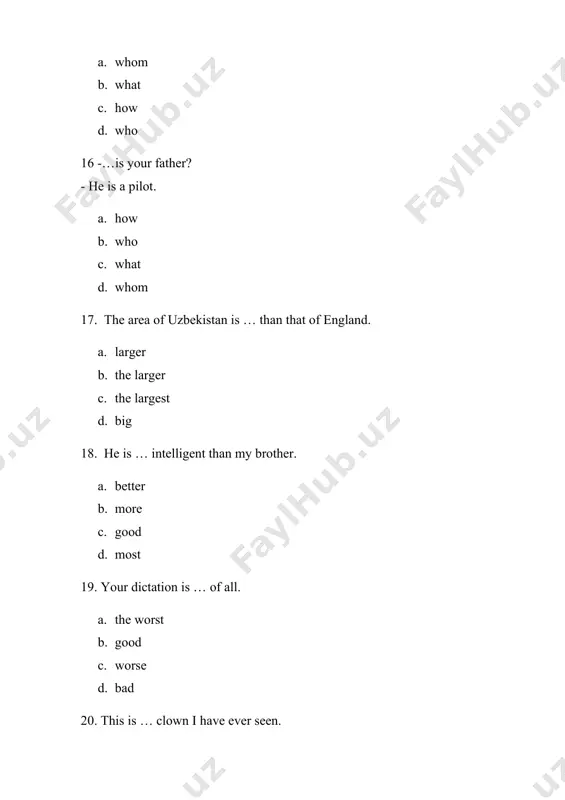75. his group …of fifteen students. a. consists b. consist c. consisting d. is consists 76. hello, …? i am fine thank you. a. what are you b. how are you c. how is you d. how do you do? 77. english is … favorite subject. a. my friend b. she c. he d. her 78. samarkand is … most beautiful city in central asia. a. an b. this c. the d. a 79. the thames is … river in great britain. a. longer b. the longest c. the longer d. the long 80. spring is … season of the year. a. the most pleasant b. more pleasant c. most pleasant d. pleasanter 81. the leaves … the trees are red and yellow in september. a. on b. at c. under d. in 82. every day at night i switch … my phone, because it is very harmful for health. …