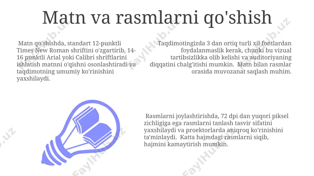 bu tomoshabinlar uchun qulayroq bo'ladi. har bir slaydga maksimal 7 ta asosiy nuqta qo'shing. ortiqcha ma'lumot miqdori tomoshabinlarni chalg'itadi va asosiy g'oyani tushunishini qiyinlashtiradi. powerpoint’dagi animatsiyalarni 0.5 sekunddan 2 sekundgacha davomiylik bilan sozlash orqali, taqdimotingizni yanada jozibador va dinamik qilishingiz mumkin. buning uchun "animation pane" dan foydalaning. microsoft powerpoint dasturiga kirish powerpoint’ning "smartart" vositasi yordamida 5 xil turdagi diagrammalarni, jumladan, o'q diagrammasi, ixcham diagrammalar va boshqalarni yaratishingiz va ma'lumotlaringizni vizual ravishda taqdim etishingiz mumkin. microsoft powerpoint’da 10 dan ortiq turli xil animatsiya effektlarini qo'llash orqali slaydlaringizga jonli va dinamik ko'rinish berishingiz mumkin, bu esa tomoshabinlarning e'tiborini jalb qilishga yordam beradi. prezentatsiyangizga audio va video fayllarni, shuningdek, 20 mb gacha bo'lgan rasmlarni qo'shishingiz mumkin, bu esa sizning prezentatsiyangizni boyitishga yordam beradi. taqdimotni namoyish qilish taqdimotingizni samarali namoyish qilish uchun, matn hajmini 24-36 punkt oralig'ida, shriftlarni o'qishga qulay bo'lgan turini tanlash va rasm sifatini 300 dpi dan kam bo'lmagan qilib belgilash muhim. …