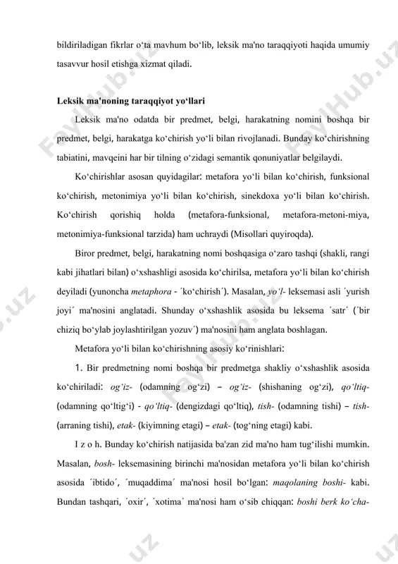yiladi (yunoncha en- - (yaqin(, anti- - (qarshi(). yana qiyoslang: koridorning u boshidan bu boshigacha stullar qo‘yilgan. bu jumlada bosh- leksemasi umuman (tomon( ma'nosiga ega bo‘lib qoladi. 2. bir predmetga (ba'zan harakatga) xos belgining nomi boshqa bir predmetdagi belgiga ko‘chiriladi: achchiq- (achchiq qalampir-) – achchiq- (achchiq gap-), to‘g‘ri- (to‘g‘ri chiziq-) – to‘g‘ri- (to‘g‘ri gap-), jonli- (jonli tabiat-) – jonli- (jonli suhbat-), tez- (tez yur-) – tez- (tez odam-) kabi. i z o h. bir predmet nomini boshqa bir predmetga belgi sifatida ko‘chirish ham mavjud: tosh- ((qattiq jism() – tosh nok- ((qattiq(), oltin- (qimmatbaho ma'danning nomi) – oltin yaproqlar- ((sap-sariq() kabi. bunda narsaning nomi belgini anglatib keladi. yuqoridagi misollarda esa belgining nomi bir predmetdan boshqasiga ko‘chiriladi. 3. bir predmetga xos harakatning nomi boshqa bir predmetning harakatiga ko‘chiriladi: savala- (nimani) - savala- (kimni), cho‘k- (cho‘kkala-) - cho‘k- (imoratning cho‘kishi) - cho‘k- (odamning qariganda cho‘kishi), o‘l- (jonlilarda hayotning tugashi) - o‘l- (o‘simlik palagining …