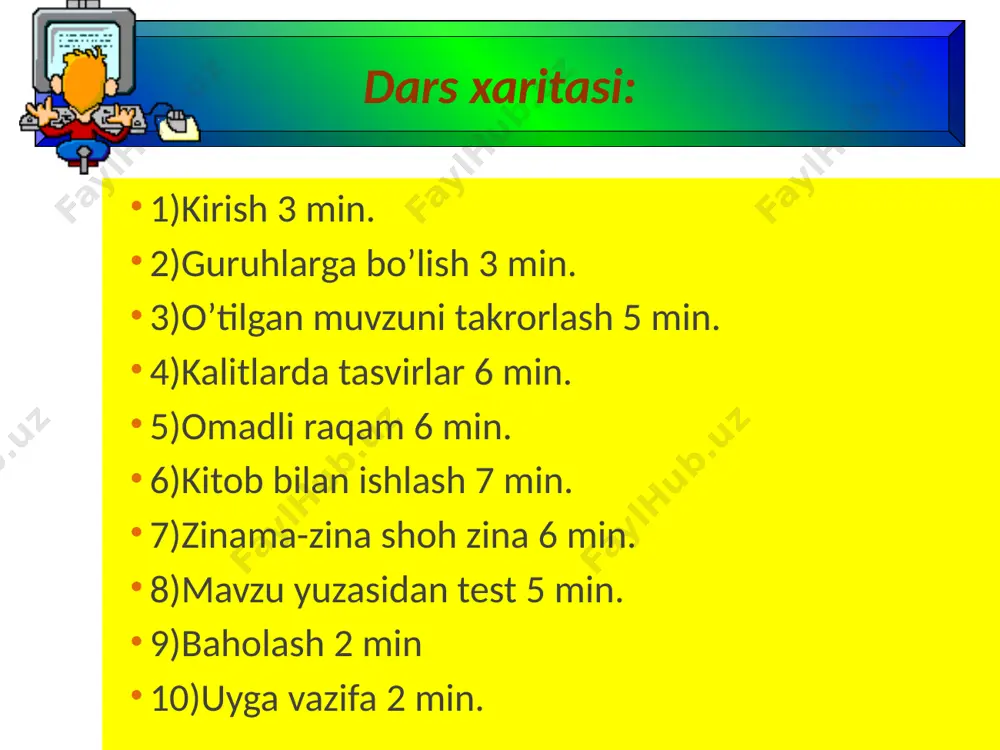 hing. x – 11,25 = 3,24 ∙ 5.05 6 – tur 1. hisoblang: 4 ∙ 0,15 a) 0,06 b) 0,6 c) 6 2. amallarni bajaring: 4,86 5 + 6,4 a) 11,265 b) 1,1226 c) 10,256 3. ko’paytmani hisoblang: 16 ∙ 3,025 a) 48.4 b) 46,4 c) 47,4 4. hisoblang: 16 ∙ 9,5 + 22 ∙ 6,5 a) 296 b) 285 c) 295 5. tenglamani yeching. x:12 = 2,81 a) 33,72 b) 34,72 c) 32,72 6. gektarda ifodalang. a) 600 b) 60 c) 6000 7. kub metrga ifodalang. a) 18,25 b) 182,5 c) 1,825 8. tenglamani yeching. x:6 = 1,5 a) 9 b) 90 c) 0,9 9. 1 metr necha kilometr? a) 0,00001 b) 0,0001 c) 0,001 10. i kilometr necha millimetr ? a) 10000 b) 1000000 c) 1000 1.b 2.a 3.a 4.c 5.a test javoblari 6.b 7.c 8.a 9.c 10.b uyga vazifa amallarni bajaring. 0,8 ∙ 0,48 : 0,8 + …