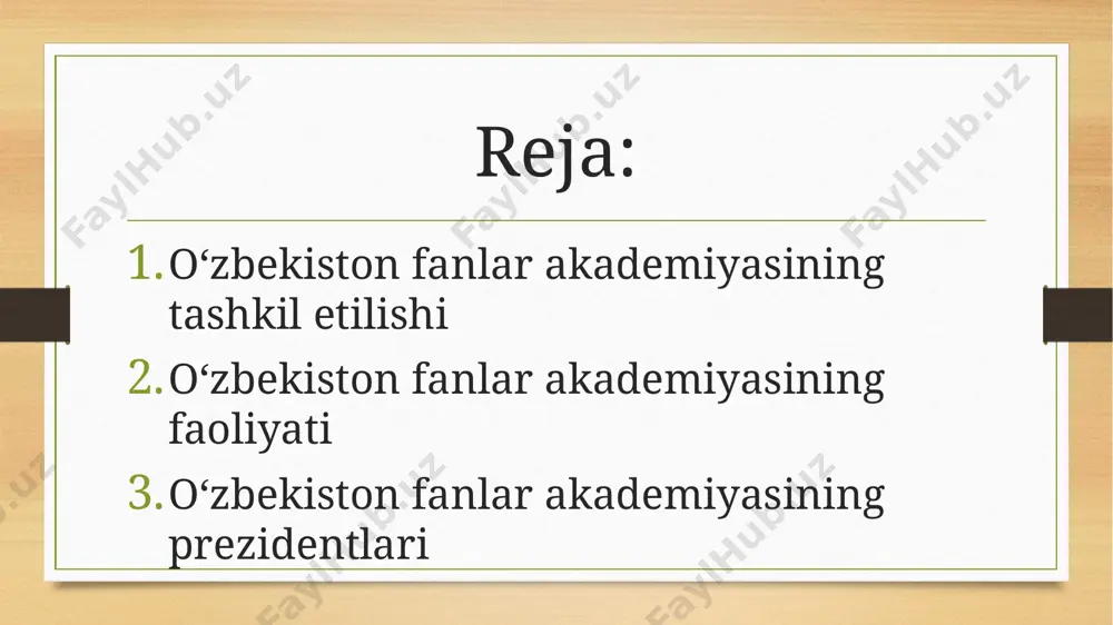 viy asbob-uskunalar, tibbiy asbob-uskunalar, dori-darmonlar, foydali o‘simliklarning yangi navlarini yaratish bilan ham shug‘ullanmoqda. x. ular o‘simliklarni himoya qilish va qazib olish bo‘yicha yangi texnologiyalarni ishlab chiqadilar. oʻzfa da hamkorlik ko’pgina fa institutlari xorijiy mamlakatlarning ilmiy muassasalari bilan qo’shma tadqiqotlar olib boradi. xususan, o‘zbekiston respublikasi fanlar akademiyasining yadro fizikasi, elektronika, fizika injeneriyasi, mikrobiologiya, biokimyo, suv muammolari, umumiy va noorganik kimyo kafedralari bilan aqshning yirik ilmiy markazlari o‘rtasida o‘zaro manfaatli hamkorlik yo‘lga qo‘yilgan. xitoy, germaniya, italiya, fransiya, yaponiya, koreya respublikasi, hindiston va turkiya. oʻzbekiston fanlar akademiyasining asosiy kutubxonasi 360 fan doktori 5259 ilmiy xodim 860 fan nomzodi akademiya muassasalarida oʻzbekiston faning 122 aʼzosi (2005) oʻzbekiston fanlar akademiyasida taʼsis etilgan mukofolar al-xorazmiy (1992 yilda asos solingan), zahiriddin muhammad bobur (1993), x. m. abdullaev medallari ta’sis etilgan (1993). akad. fazilov, y.to‘raqulov, prof. abdullaev al xorazmiy nomidagi f., akad. u. karimov va tarixchi r. sulaymonov zahiriddin muhammad bobur sharafiga, akad. ya.hamroboev, f.usmonov va prof. nm. …