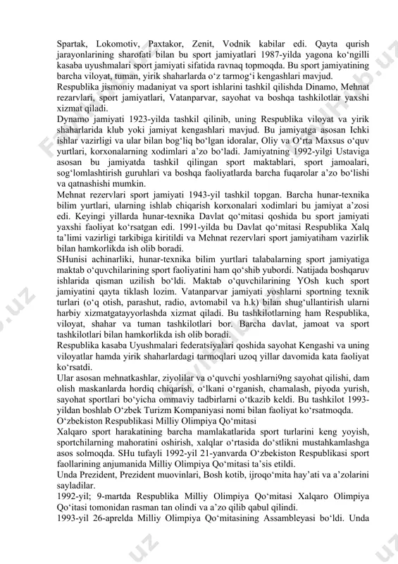 alari qoshida tarmoqli sport jamiyatlari faoliyat ko‘rsatdi. ular asosan spartak, lokomotiv, paxtakor, zenit, vodnik kabilar edi. qayta qurish jarayonlarining sharofati bilan bu sport jamiyatlari 1987-yilda yagona ko‘ngilli kasaba uyushmalari sport jamiyati sifatida ravnaq topmoqda. bu sport jamiyatining barcha viloyat, tuman, yirik shaharlarda o‘z tarmog‘i kengashlari mavjud. respublika jismoniy madaniyat va sport ishlarini tashkil qilishda dinamo, mehnat rezarvlari, sport jamiyatlari, vatanparvar, sayohat va boshqa tashkilotlar yaxshi xizmat qiladi. dynamo jamiyati 1923-yilda tashkil qilinib, uning respublika viloyat va yirik shaharlarida klub yoki jamiyat kengashlari mavjud. bu jamiyatga asosan ichki ishlar vazirligi va ular bilan bog‘liq bo‘lgan idoralar, oliy va o‘rta maxsus o‘quv yurtlari, korxonalarning xodimlari a’zo bo‘ladi. jamiyatning 1992-yilgi ustaviga asosan bu jamiyatda tashkil qilingan sport maktablari, sport jamoalari, sog‘lomlashtirish guruhlari va boshqa faoliyatlarda barcha fuqarolar a’zo bo‘lishi va qatnashishi mumkin. mehnat rezervlari sport jamiyati 1943-yil tashkil topgan. barcha hunar-texnika bilim yurtlari, ularning ishlab chiqarish korxonalari xodimlari bu jamiyat a’zosi edi. keyingi …