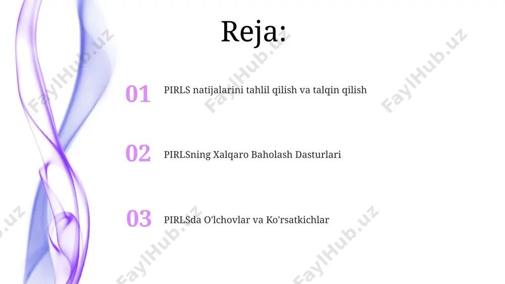 dan ortiq mavzular bo'yicha o'qitish strategiyasini va o'quv resurslarini tahlil qilishni o'z ichiga oladi. o'qituvchilarning roli pirls ma'lumotlariga ko'ra, ta'limning individual yondashuvini qo'llagan o'qituvchilarning o'quvchilarining o'qish natijalari 15-20% ga yaxshilanishi kuzatilgan. o'qituvchilarning o'quvchilarning o'qishga bo'lgan qiziqishini oshirishdagi va ularning o'qishga nisbatan ijobiy munosabatini shakllantirishdagi hissasi kamida 25% pirls natijalariga ta'sir etadi. pirlsning maqsadi va vazifalari dastur o'quvchilarning o'qish ko'nikmalarini chuqur tahlil qilish uchun 500 ga yaqin savol o'z ichiga olgan sinovlarni o'tkazish, o'qituvchilar va maktab direktorlari bilan so'rovnomalar o'tkazish orqali ma'lumot to'playdi. pirls, o'qish tushunchasini 5 ta asosiy komponent – matnni topish, matnni tushunish, mulohaza yuritish, baholash va integratsiya qilish orqali baholashadi. umumiy natijalar 500 balldan iborat shkala bo'yicha ifodalanadi. tavsiyalar va xulosalar tadqiqotlar shuni ko'rsatdiki, o'quvchilarning o'qish faolligi darajasi 30% ga oshishi bilan o'rtacha pirls ballari 15 ballga o'sgan. bu o'qishga bo'lgan qiziqishning muhim rol o'ynashini ko'rsatadi. pirls natijalariga ko'ra, o'qish ko'nikmalarini rivojlantirish bo'yicha 5 ta asosiy yo'nalish aniqlangan, …